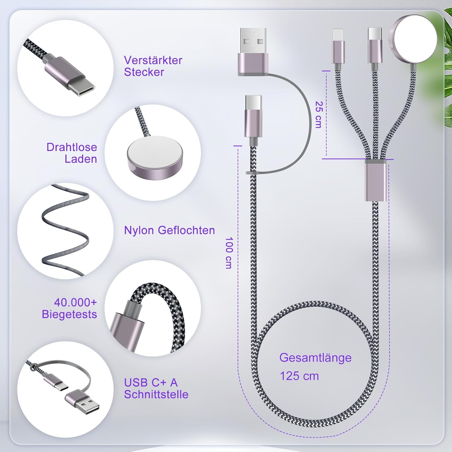Ein Ladekabel mit USB-C, USB-A und einem runden magnetischen Ladeanschluss.
