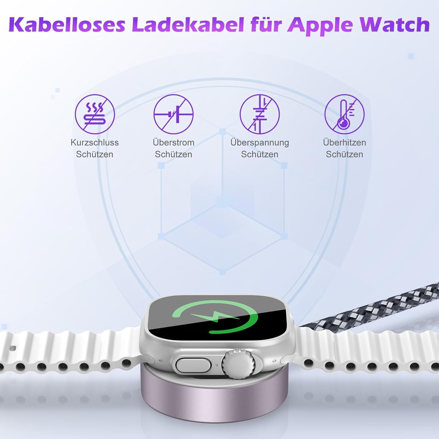 Kabelloses Ladegerät für Apple Watch mit Schutzsymbolen für Kurzschluss, Überstrom, Überspannung und Überhitzen.