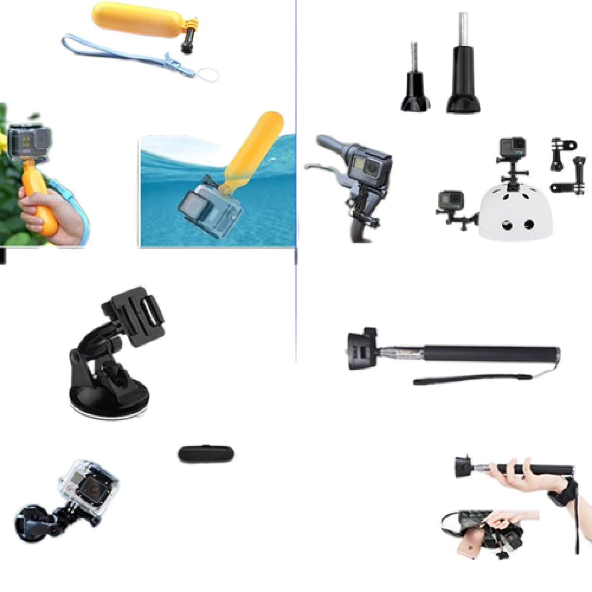 Accessori action cam: impugnatura galleggiante, supporti.