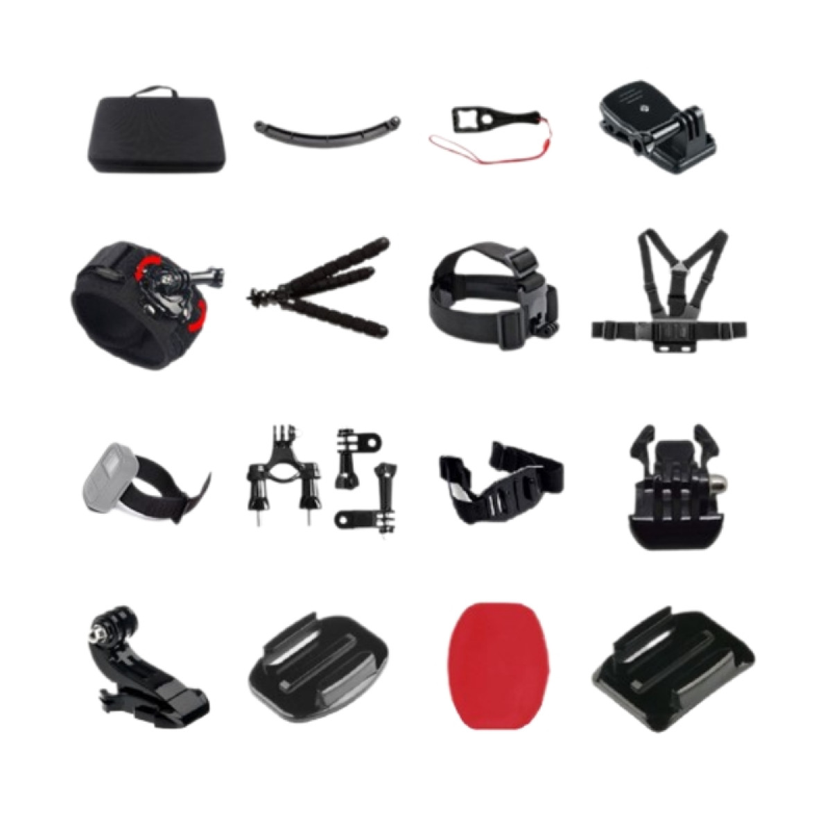 Accessori per action cam: borsa, supporti, cinghie e vari accessori.