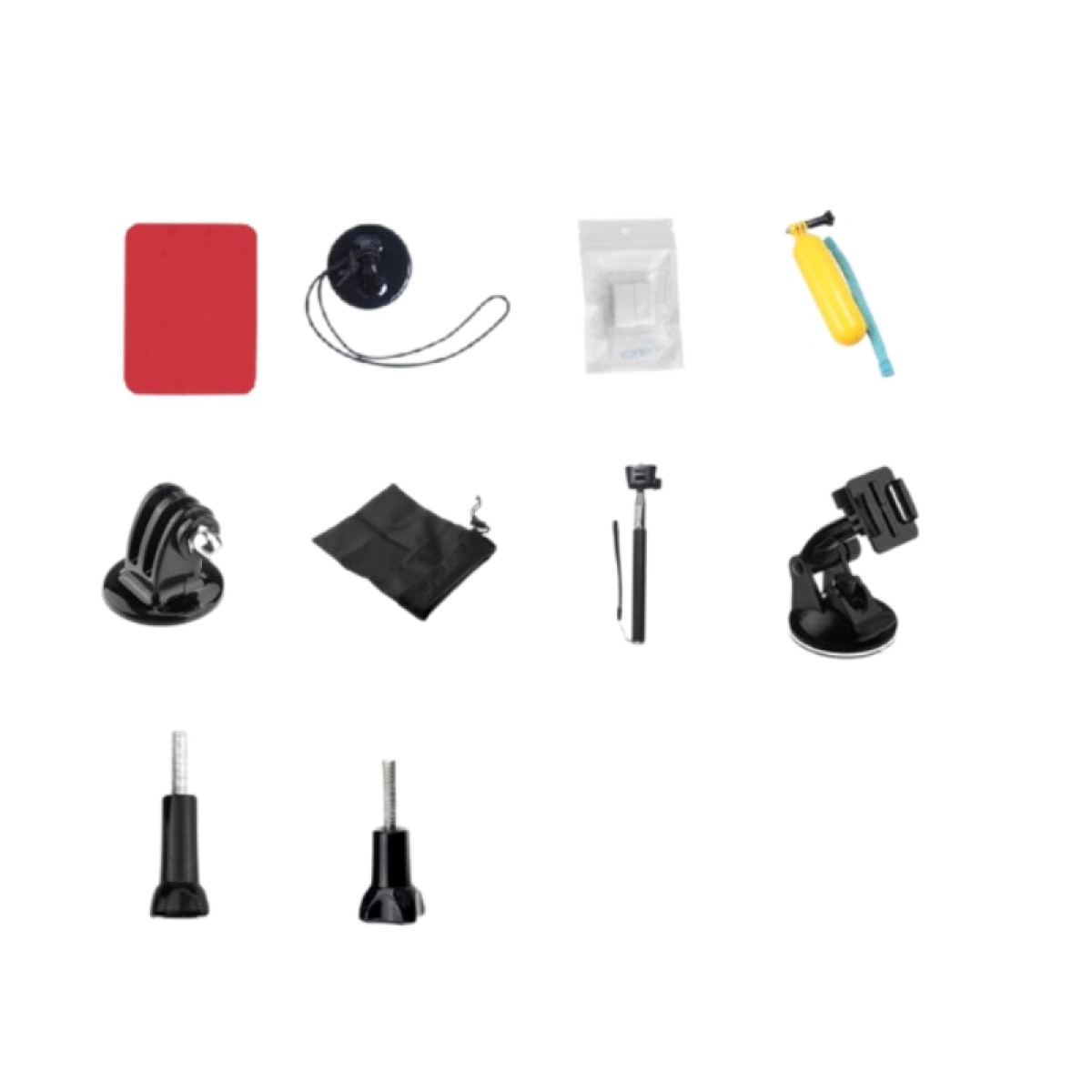 Vari accessori per fotocamera: tampone adesivo rosso, supporto ventosa, custodia.