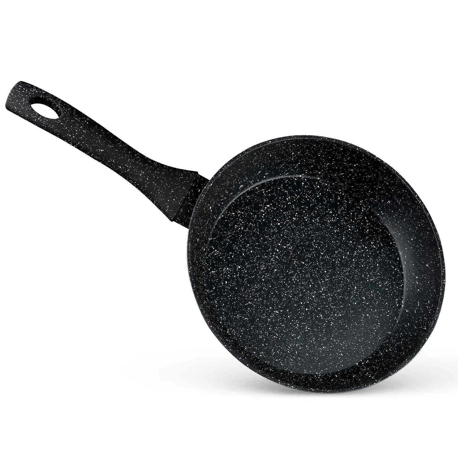Schwarze Bratpfanne mit weißem Sprenkelmuster und schwarzem Griff.