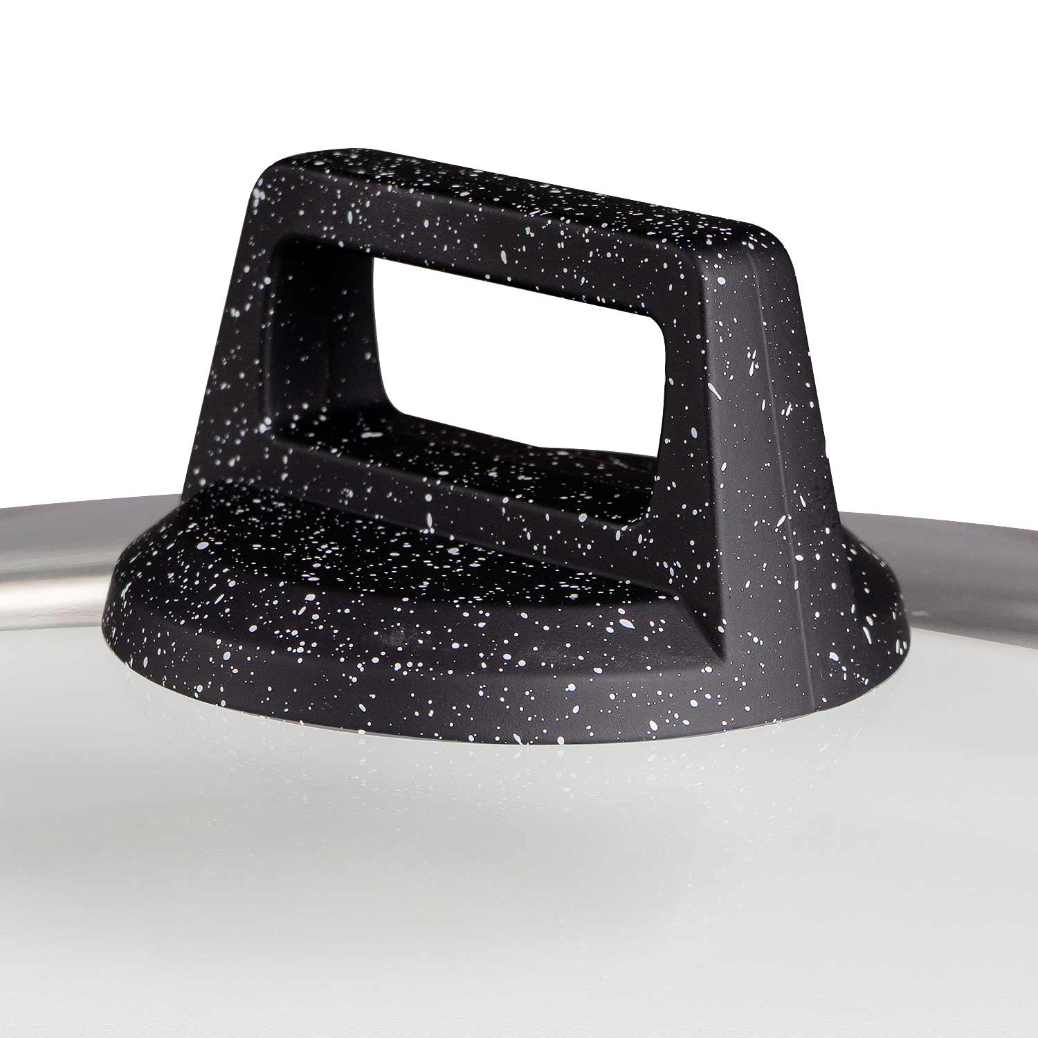Schwarzer Griff mit weißen Sprenkeln auf Glasdeckel.