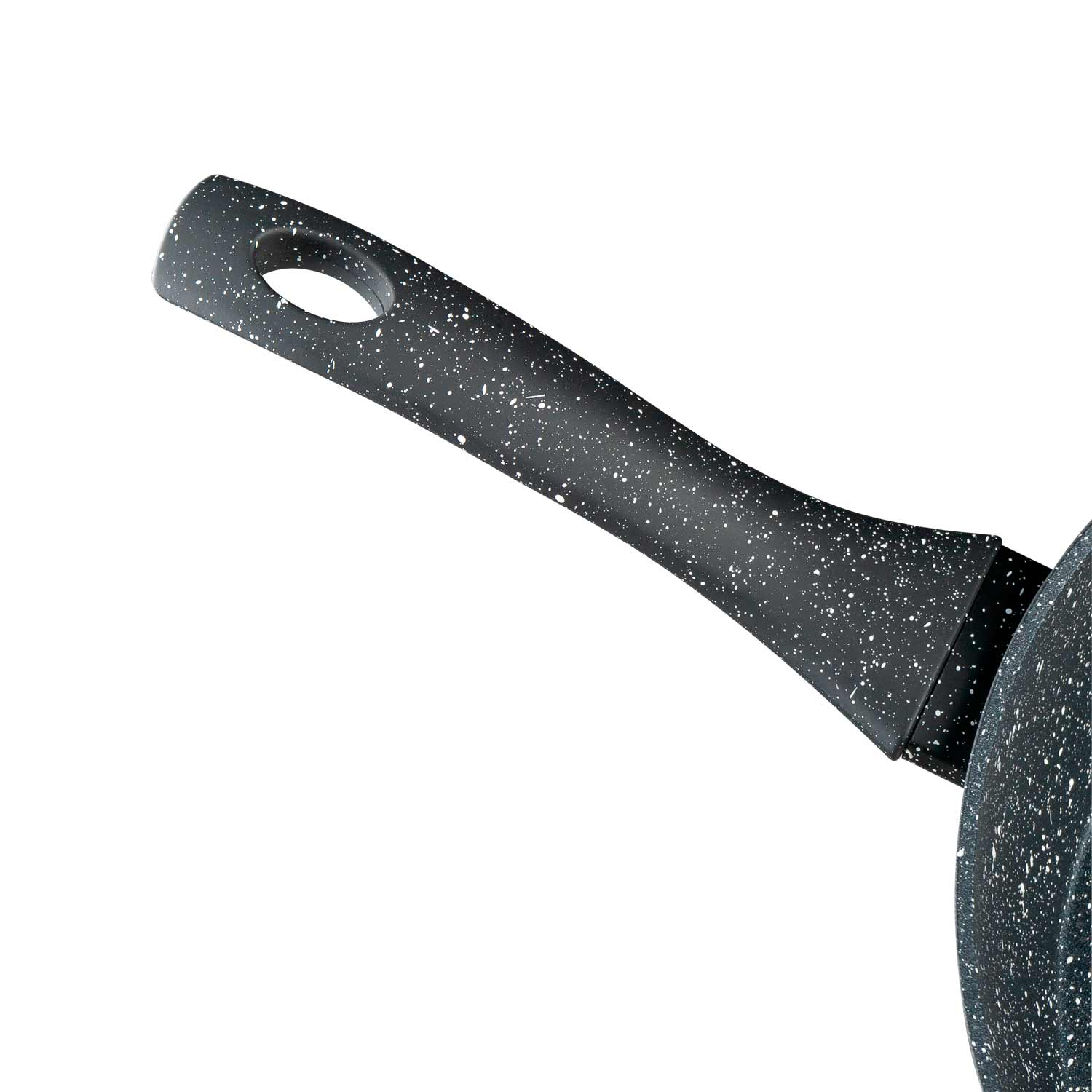 Schwarzer Griff mit weißen Sprenkeln einer Pfanne, weißer Hintergrund.