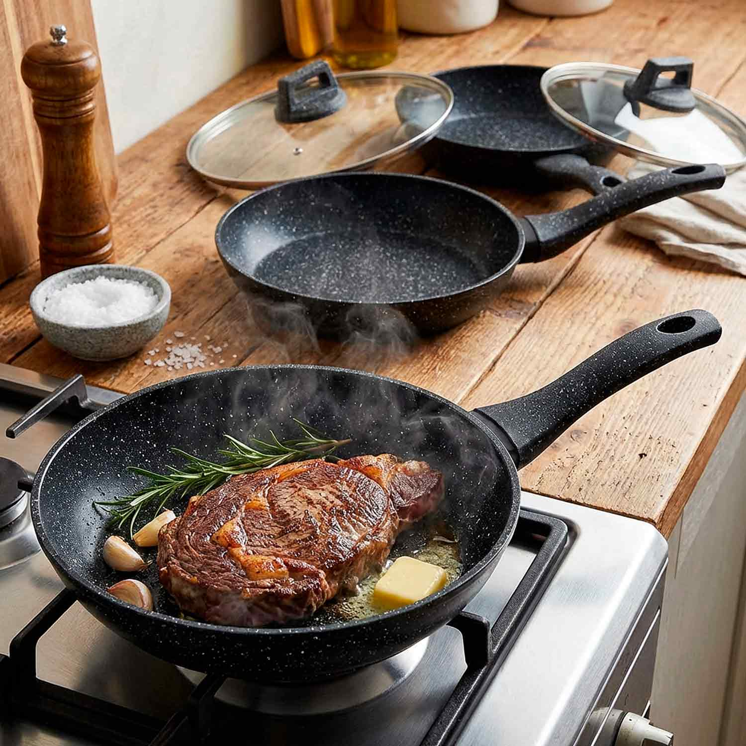 Ein Steak brät in einer Pfanne mit Knoblauch und Rosmarin. Zwei weitere Pfannen sind im Hintergrund.
