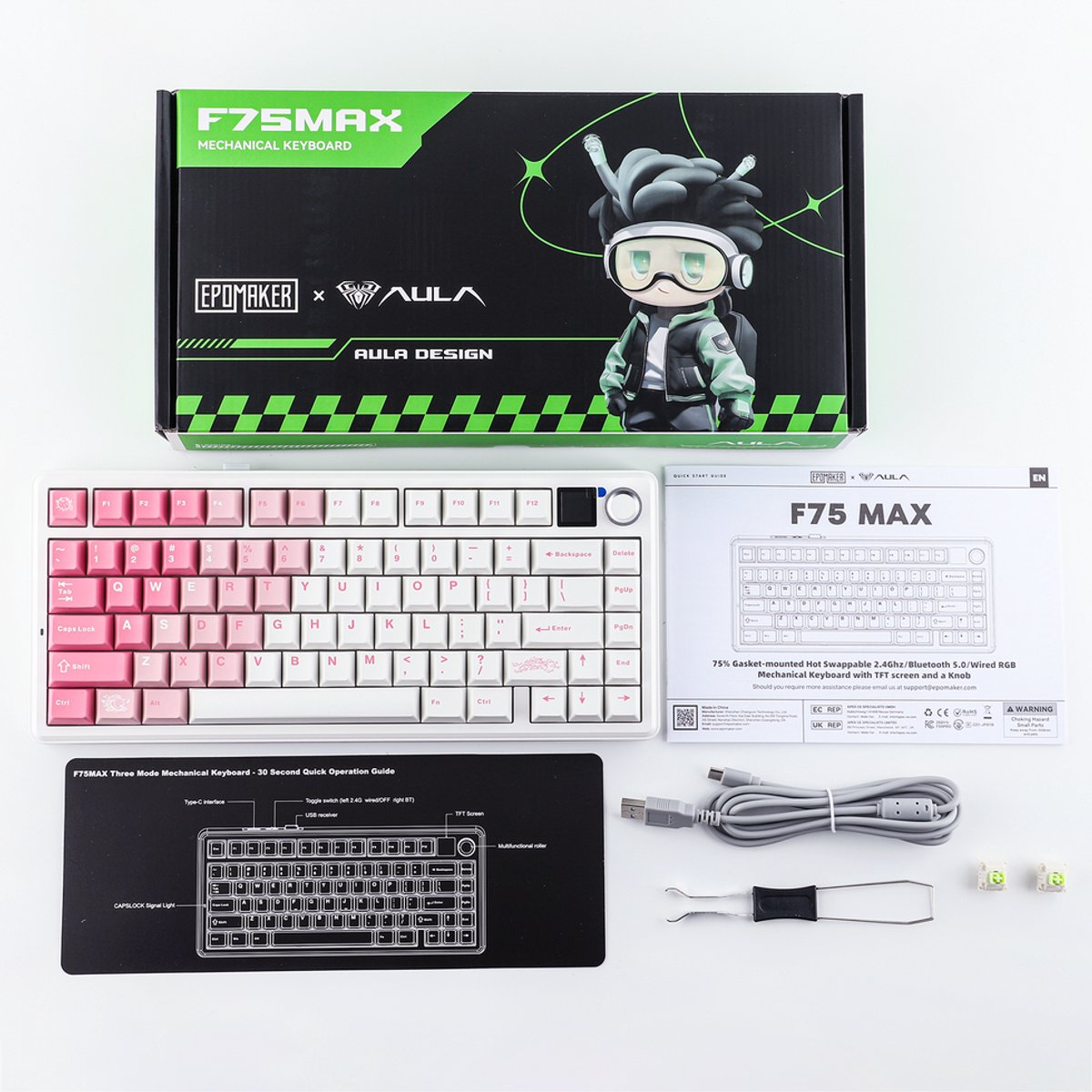 Un ensemble de clavier mécanique avec boîte, clavier, manuel, câble et outils.