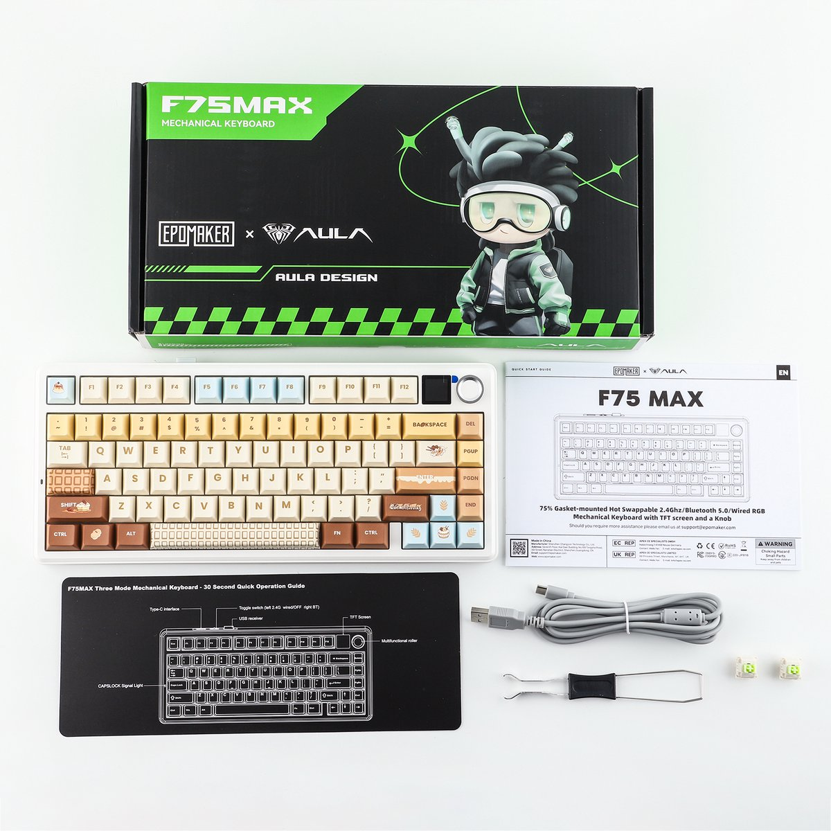 EPOMAKER F75 MAX toetsenbord, accessoires en handleiding op witte achtergrond.