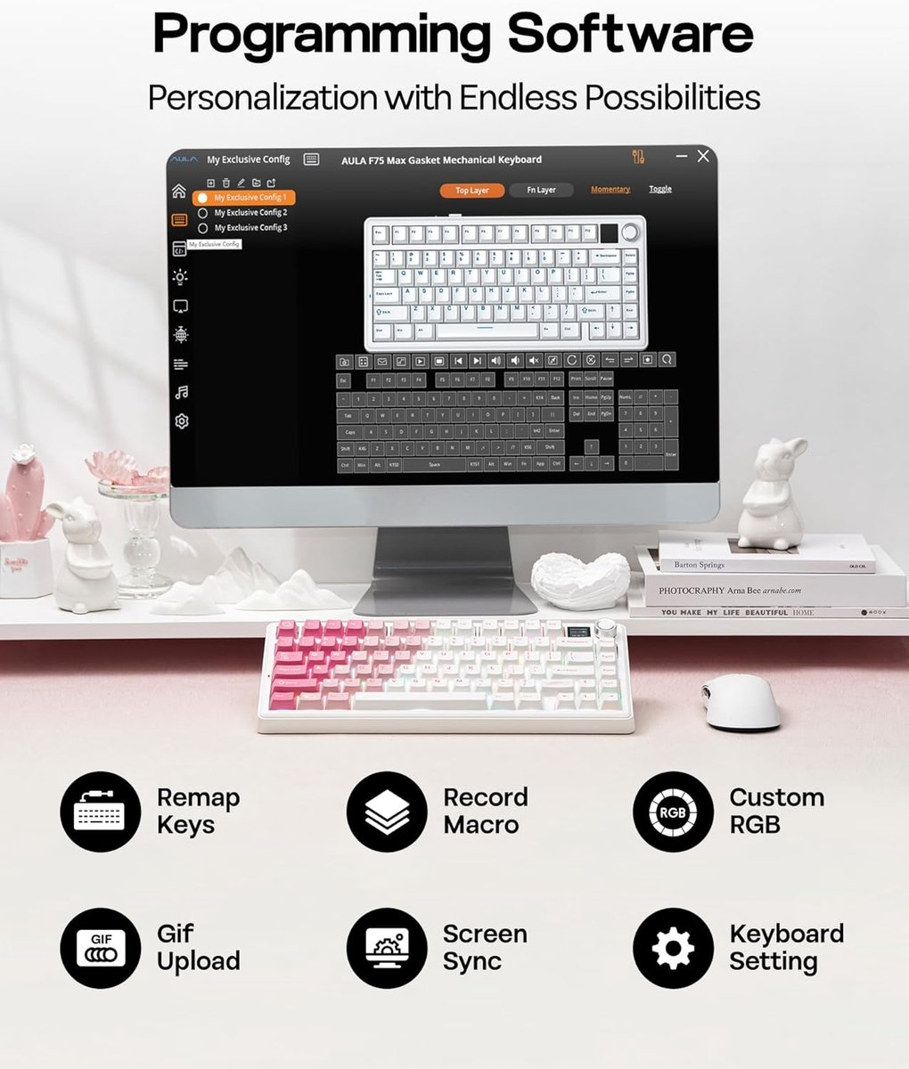 Interface logicielle de programmation avec configurations de clavier, clavier mécanique et icônes de fonctionnalités.