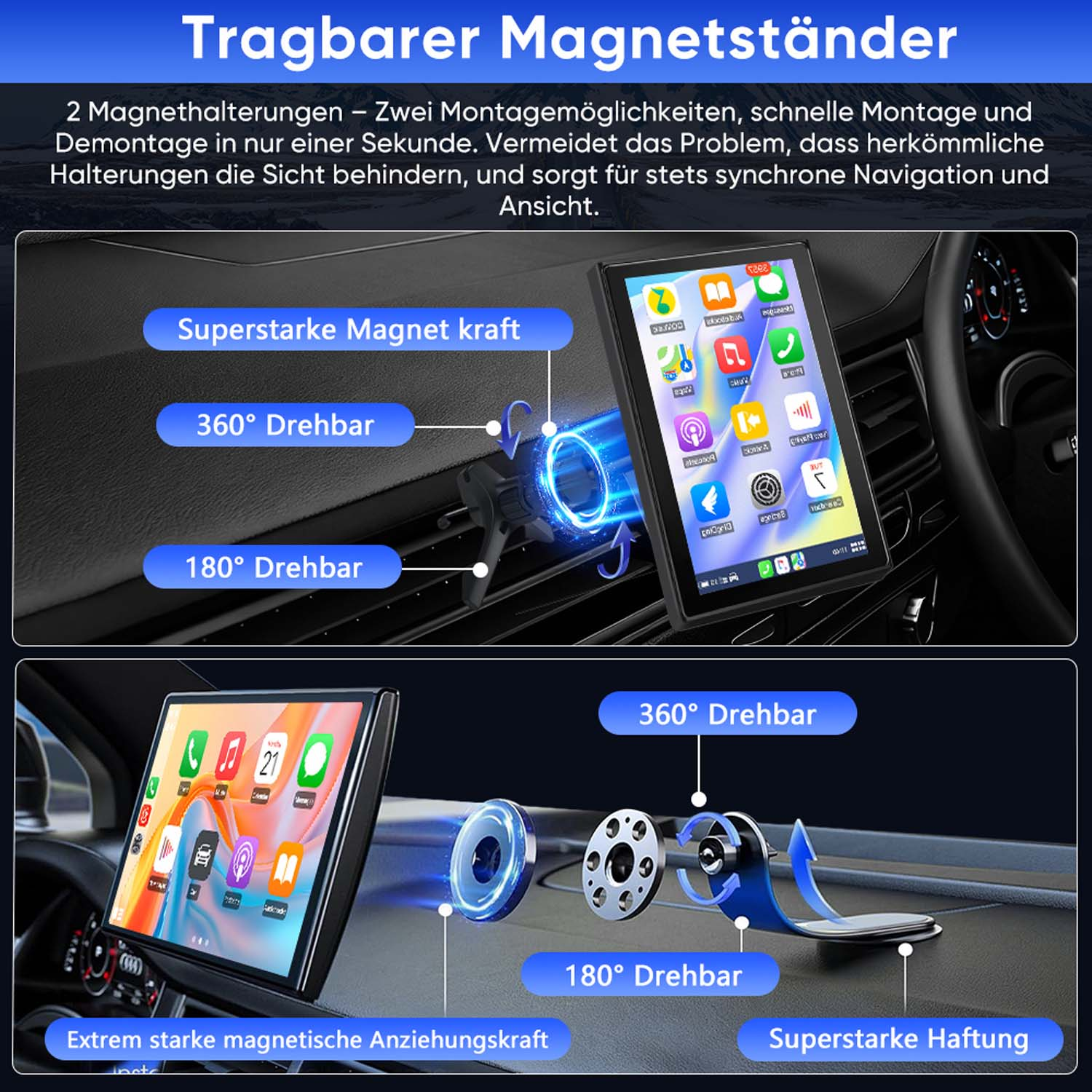 Zwei Handyhalterungen für Autos mit starker Magnetkraft und drehbaren Gelenken.