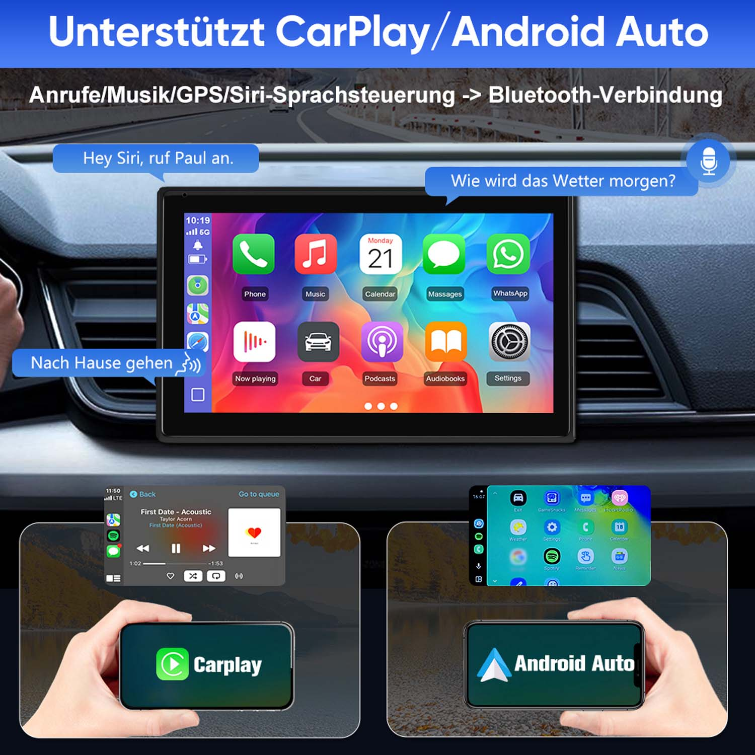 Auto-Infotainmentsystem mit CarPlay/Android Auto, Sprachbefehlen & Musik.
