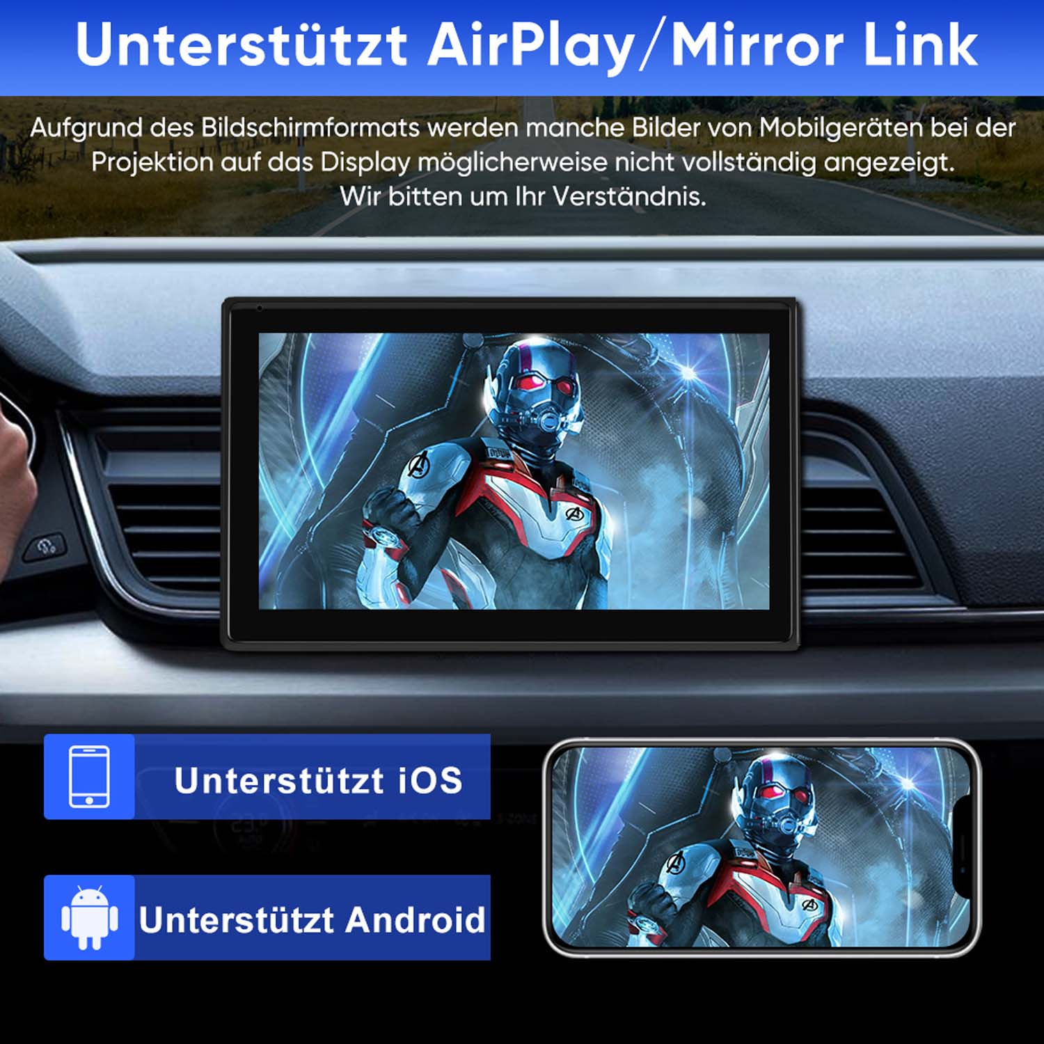 Ein Auto-Infotainment-Bildschirm zeigt Ant-Man. Unterstützt iOS & Android.