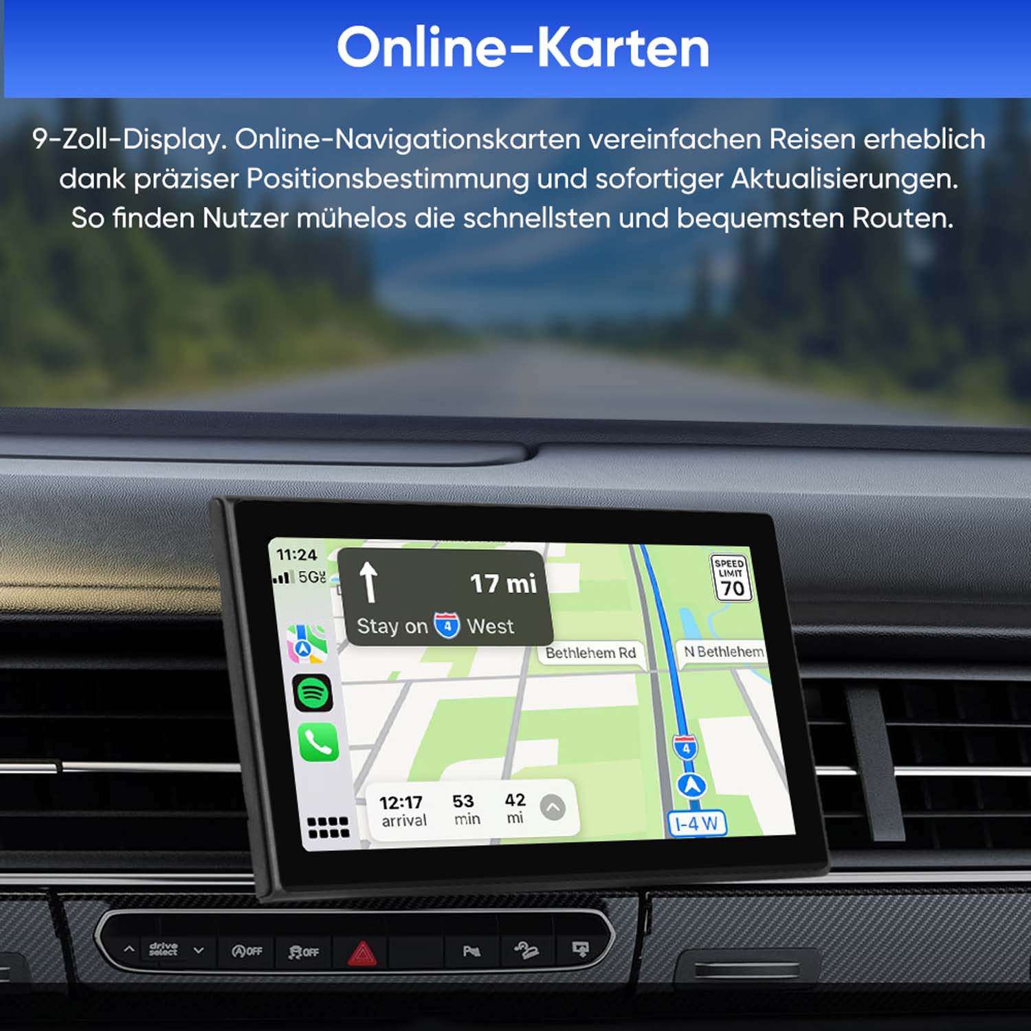 Ein Navigationsdisplay im Auto zeigt eine Karte mit Route, Geschwindigkeit und Ankunftszeit.
