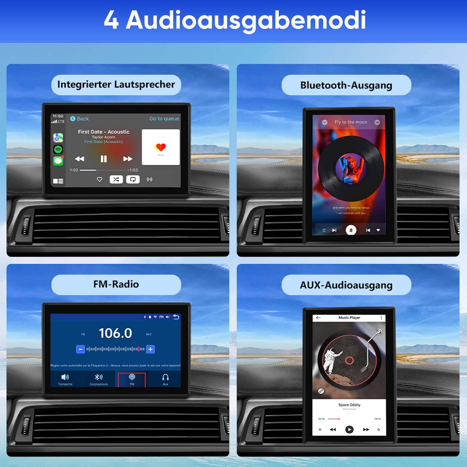 Vier Audioausgabemodi: Lautsprecher, Bluetooth, FM-Radio, AUX.