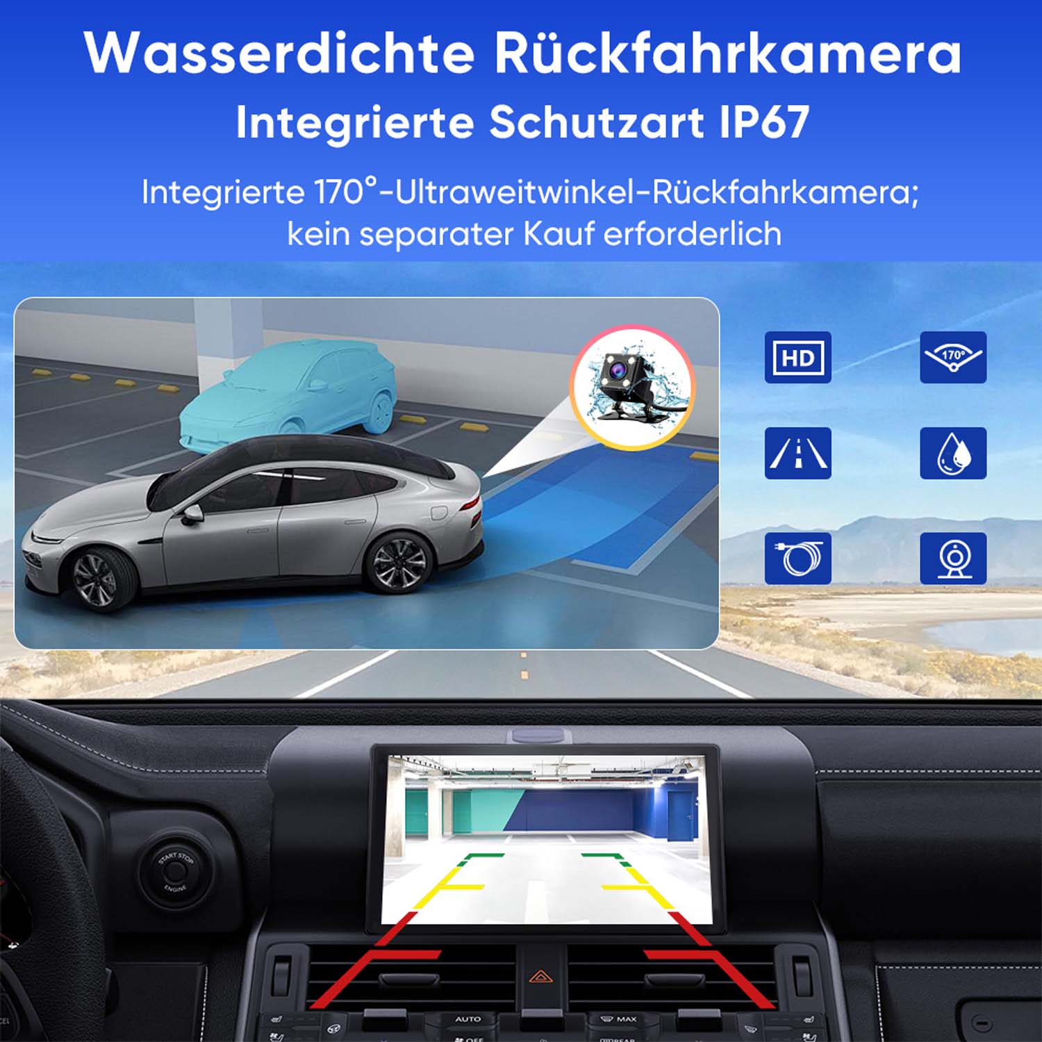 Auto-Rückfahrkamera mit HD, 170° Weitwinkel, wasserdicht und integrierter Anzeige.