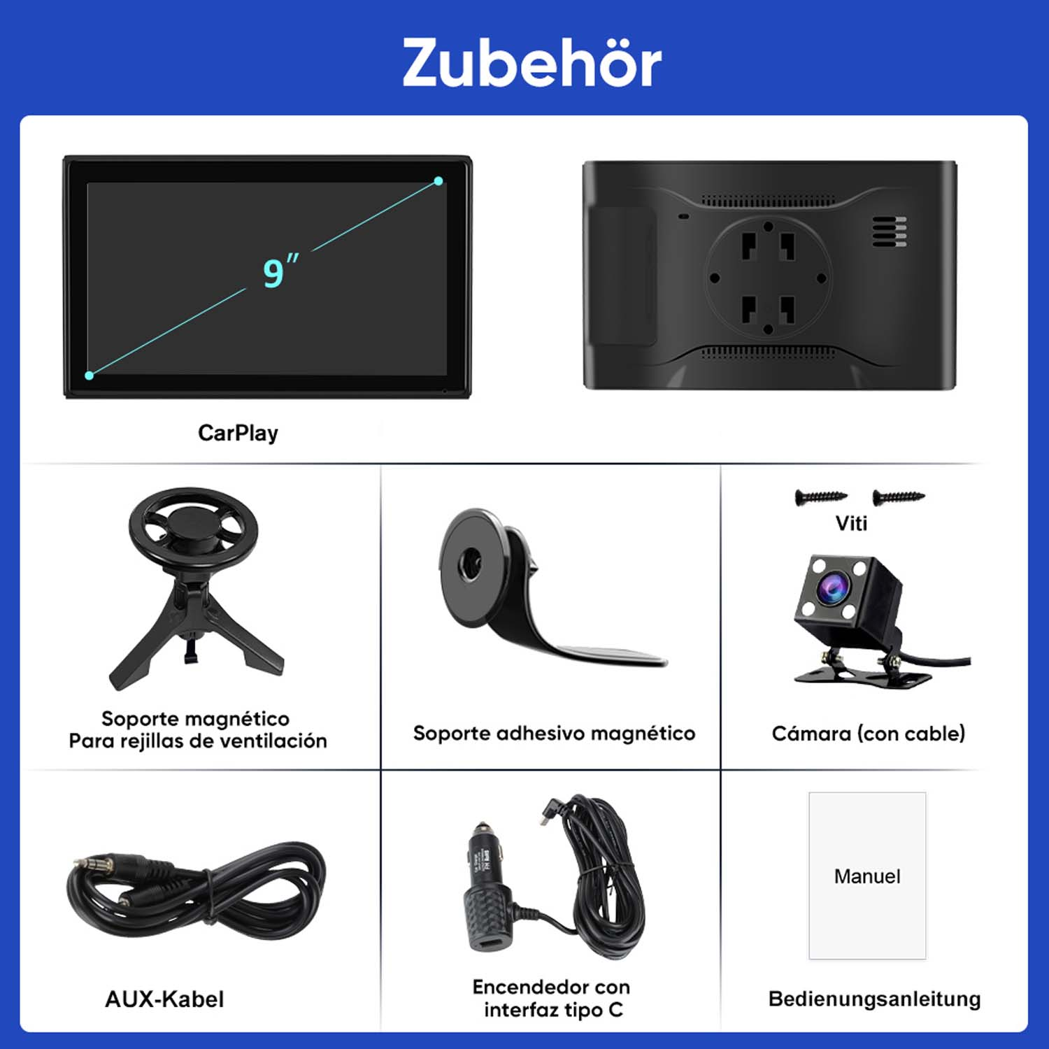 Zubehör: 9-Zoll-Display, Rückfahrkamera, Halterungen, Kabel, Ladegerät, Handbuch.