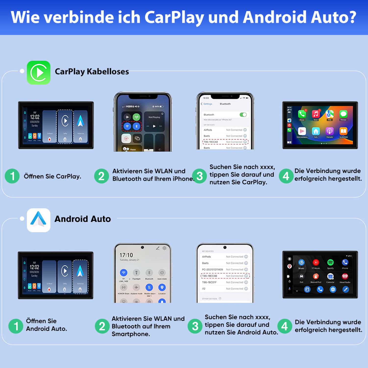 Anleitung für drahtloses CarPlay und Android Auto mit Schritt-für-Schritt-Anweisungen.