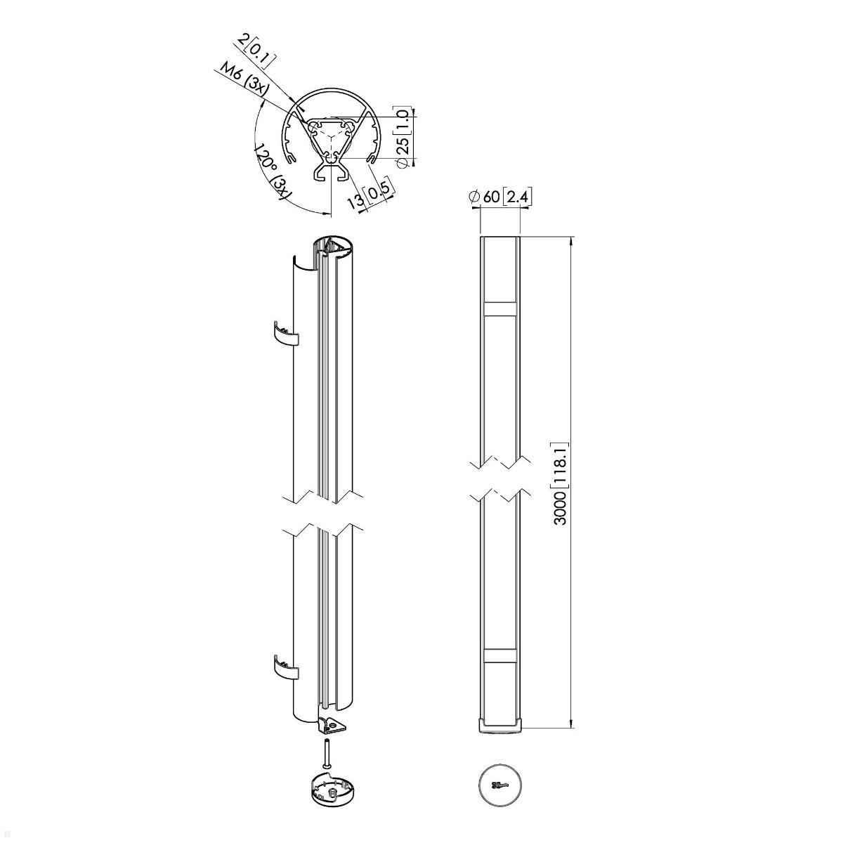 Technische Zeichnung zeigt eine Stange mit Maßen und Details.