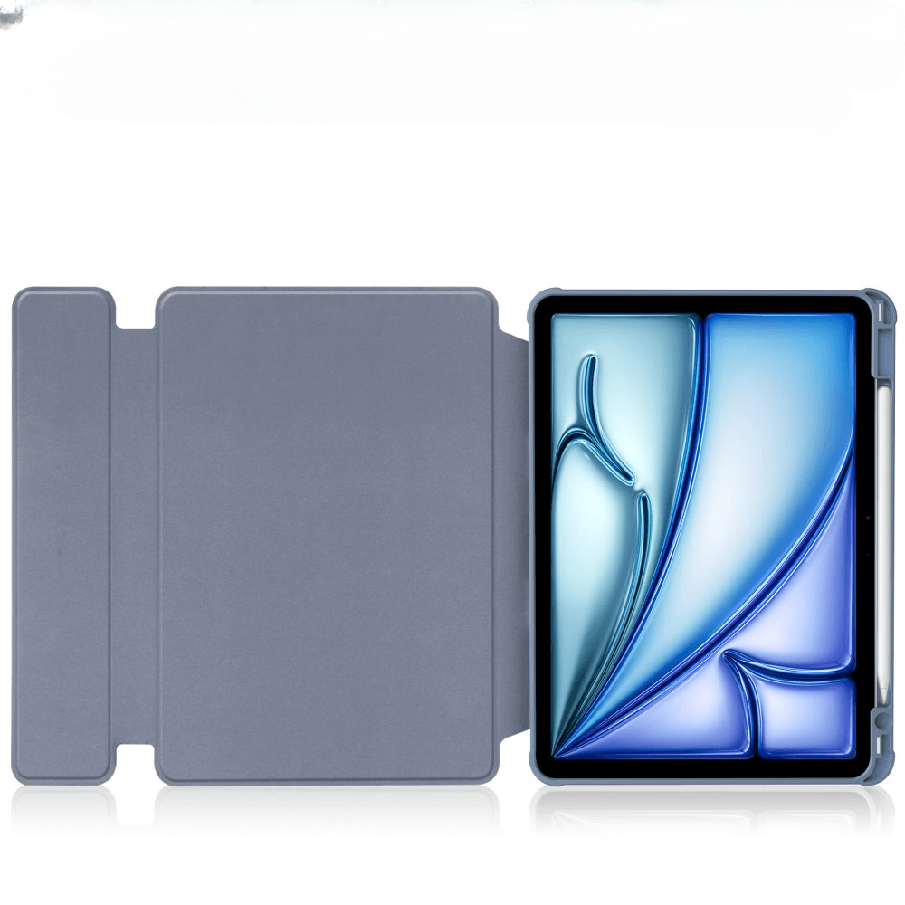 Étui de tablette gris ouvert, révélant une tablette avec fond bleu-vert.