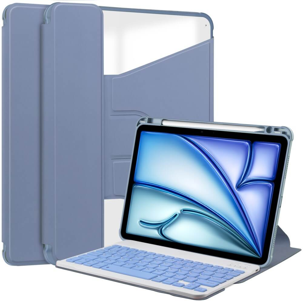 Une tablette bleue avec clavier et support pour stylet, à côté d'une housse.