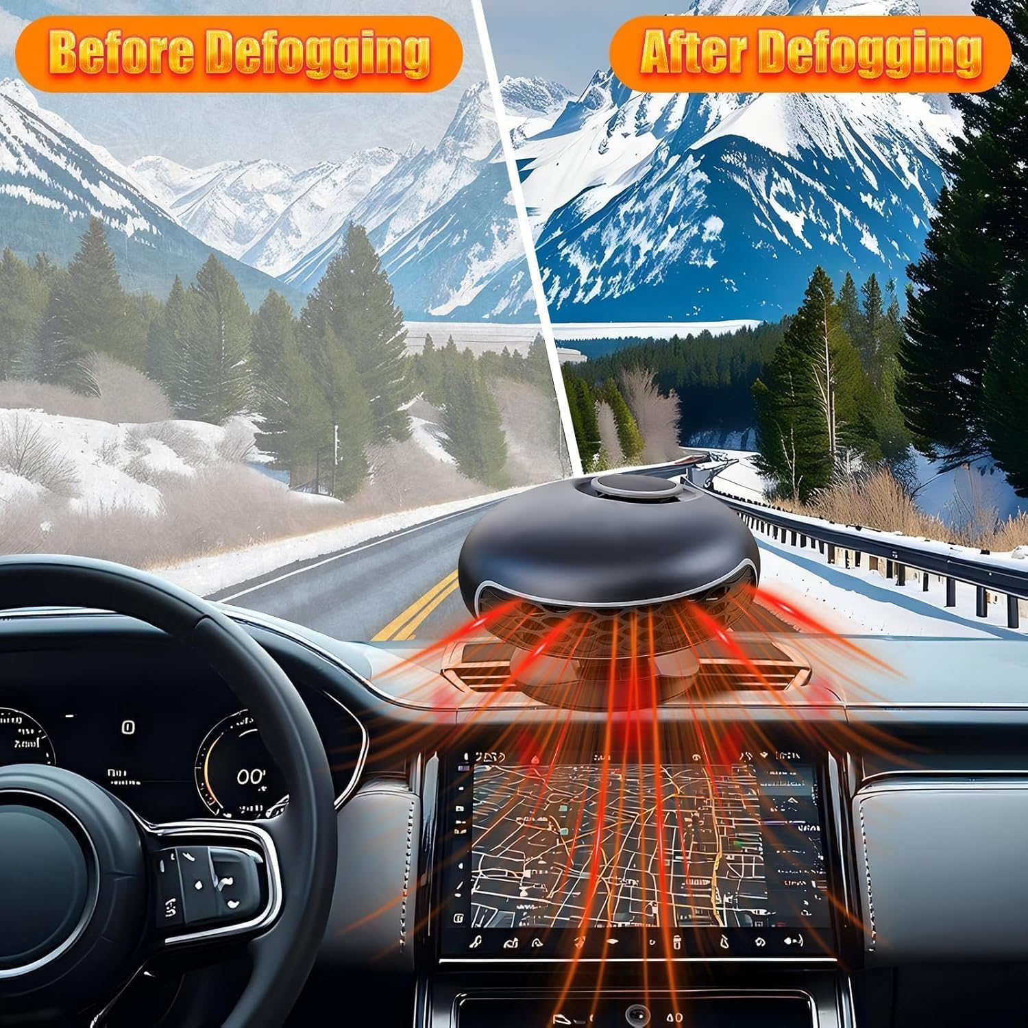 Auto-Innenraum mit Heizlüfter, der warme Luft auf das Armaturenbrett bläst.