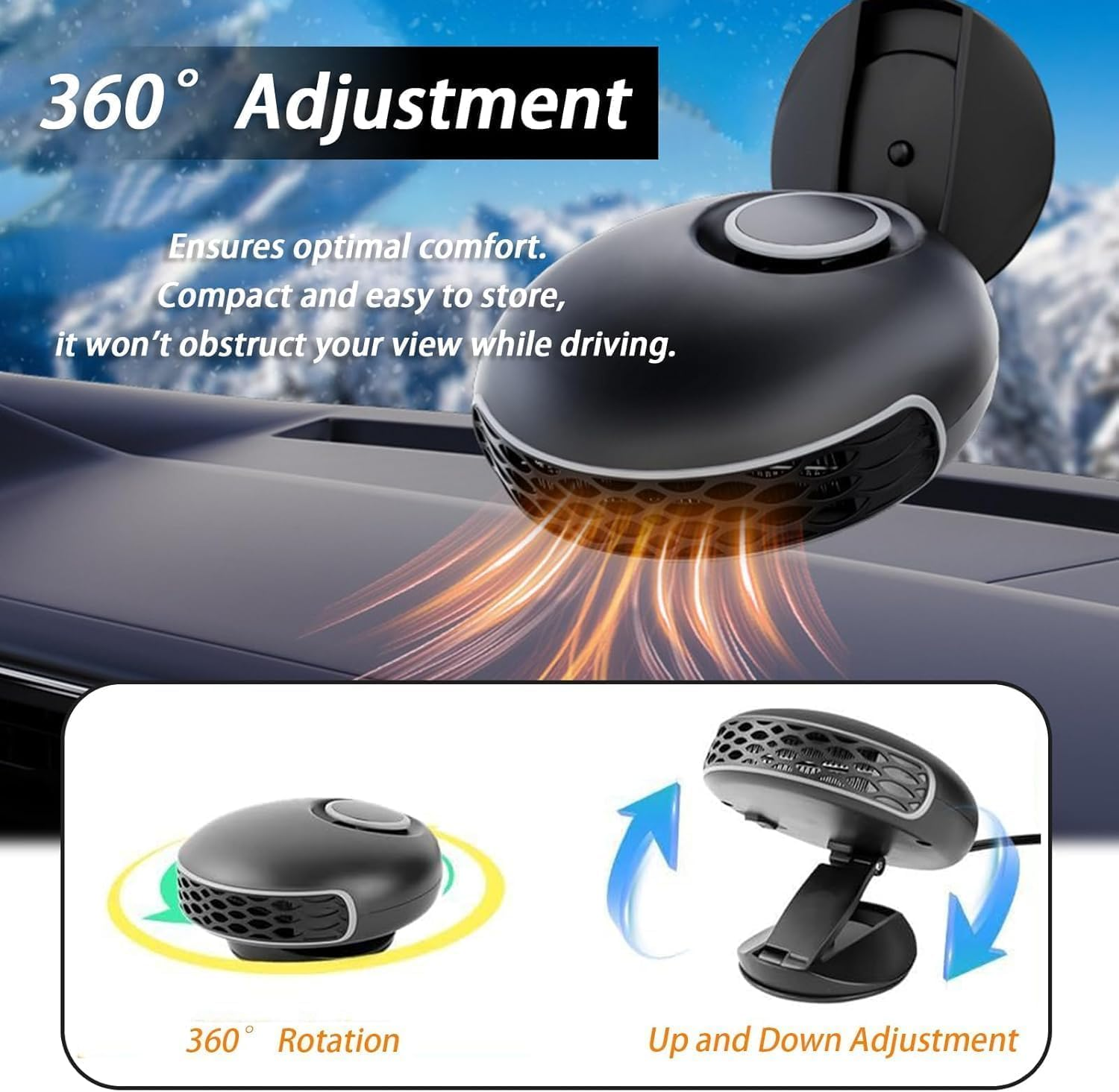 Ein schwarzer Auto-Heizlüfter mit 360°-Einstellung und Lüfterfunktionen.