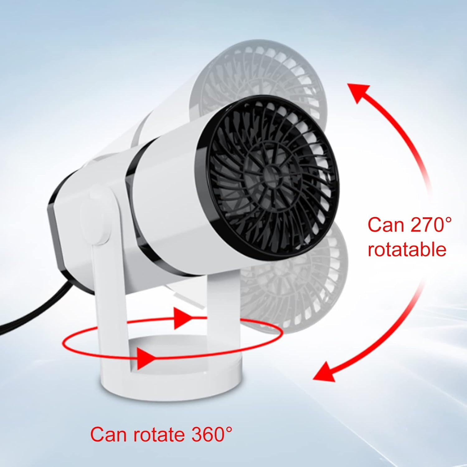 Ein weißer Ventilator mit schwarzem Gitter kann 270 Grad gedreht werden und 360 Grad.