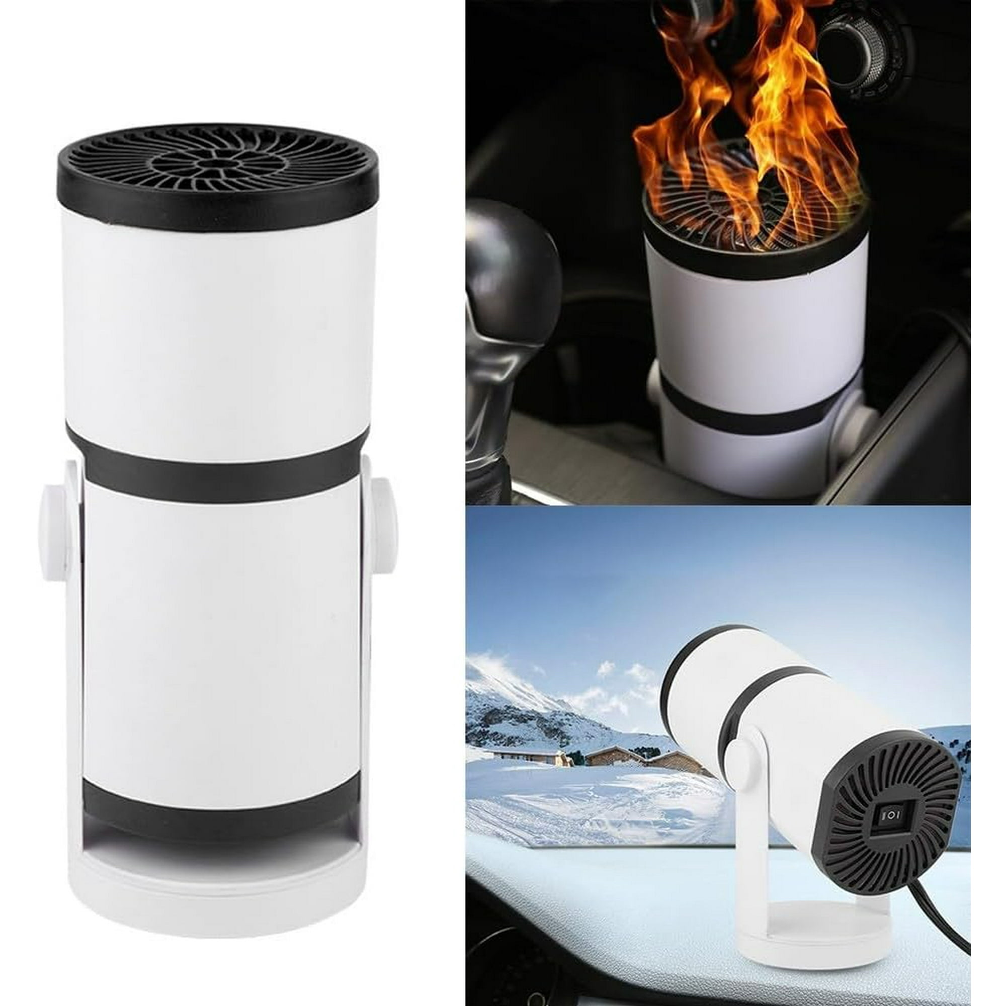 Ein weißer Heizlüfter mit schwarzem Band, in einem Auto, Winterlandschaft.