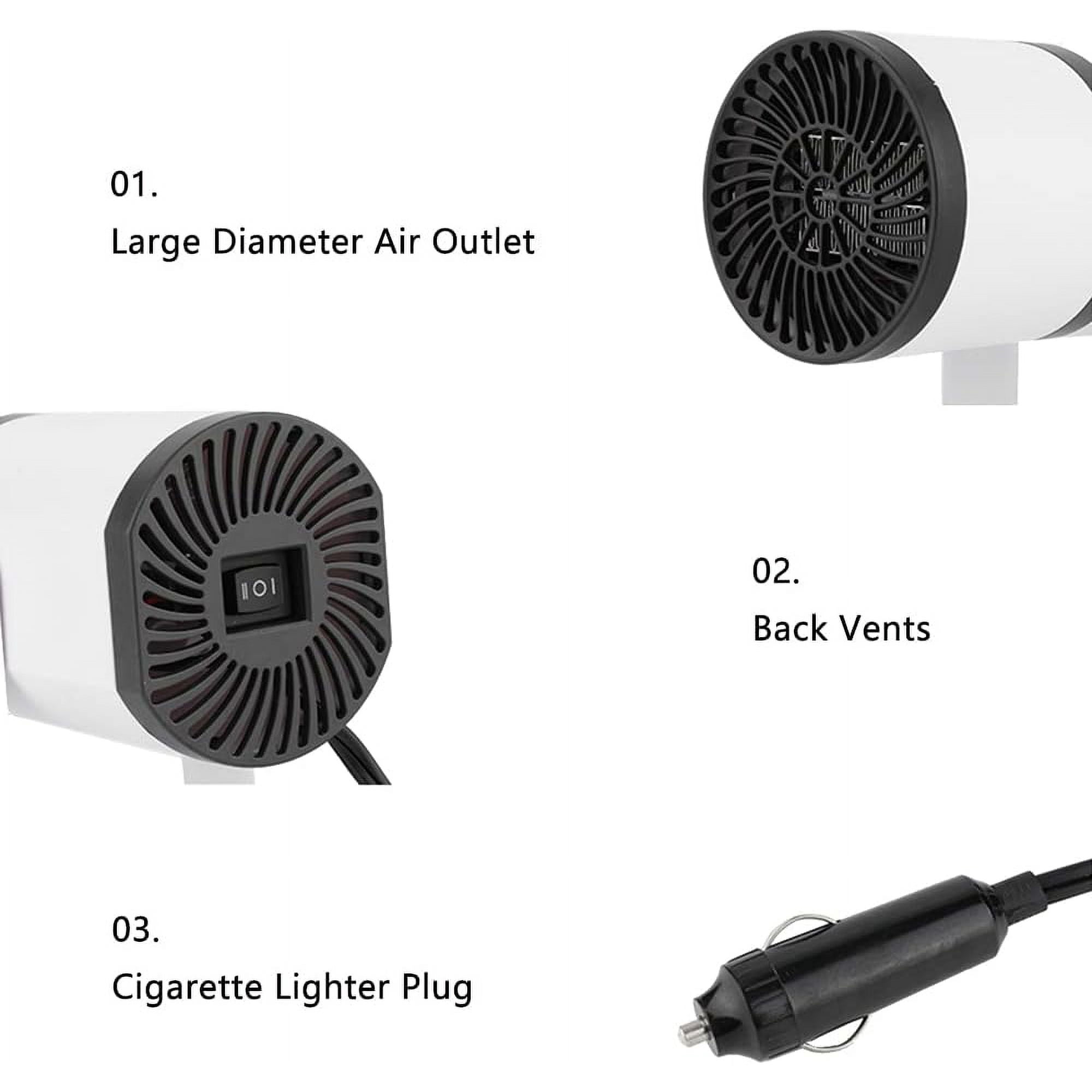 Ein weißer Heizlüfter mit Lüftungsschlitzen und einem Zigarettenanzünderstecker.