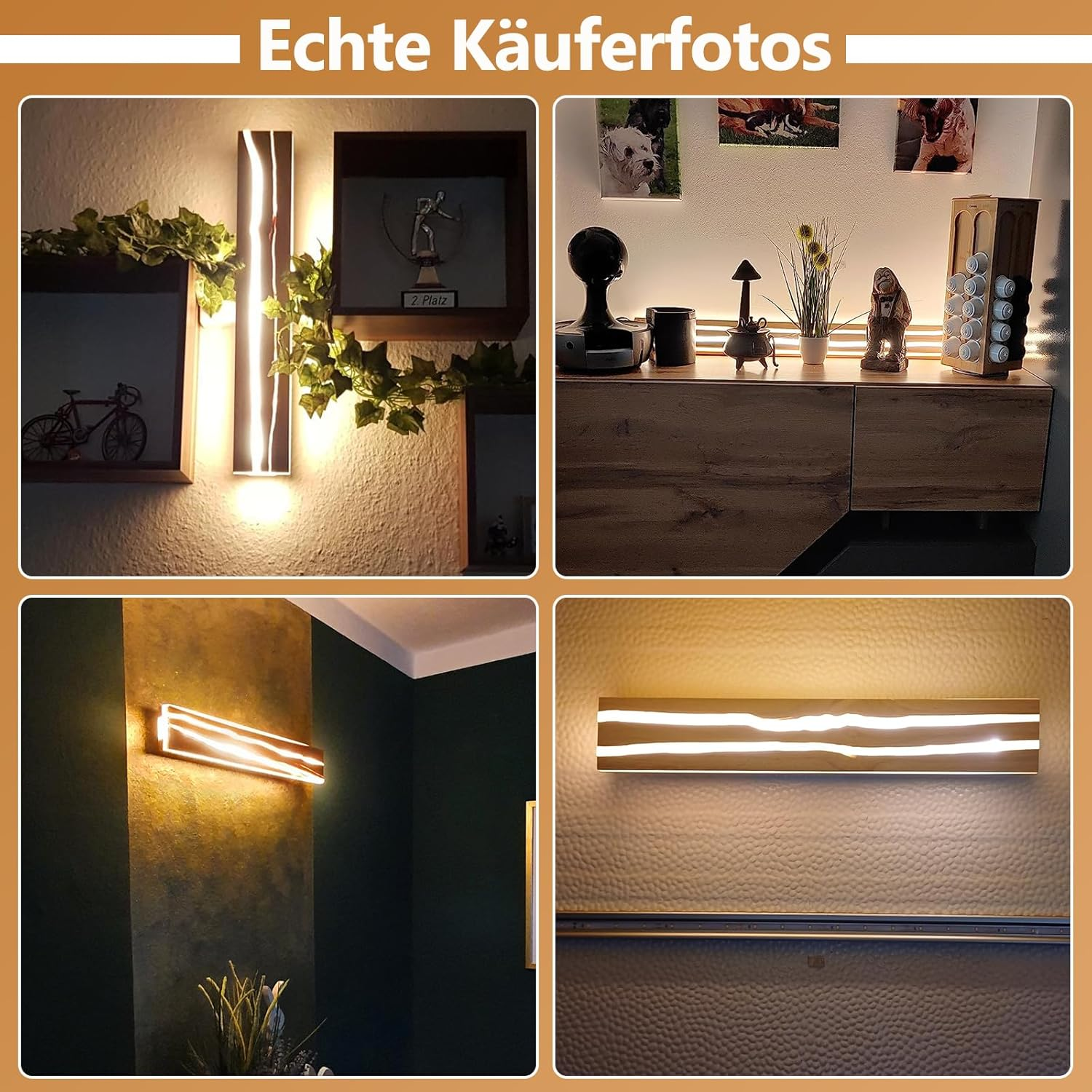Vier Bilder zeigen Wandleuchten. Oben links: vertikale Leuchte, Fahrrad, Trophäe. Oben rechts: Schrank mit Gegenständen. Unten links: horizontale Leuchte an grüner Wand. Unten rechts: horizontale Leuchte an strukturierter Wand.