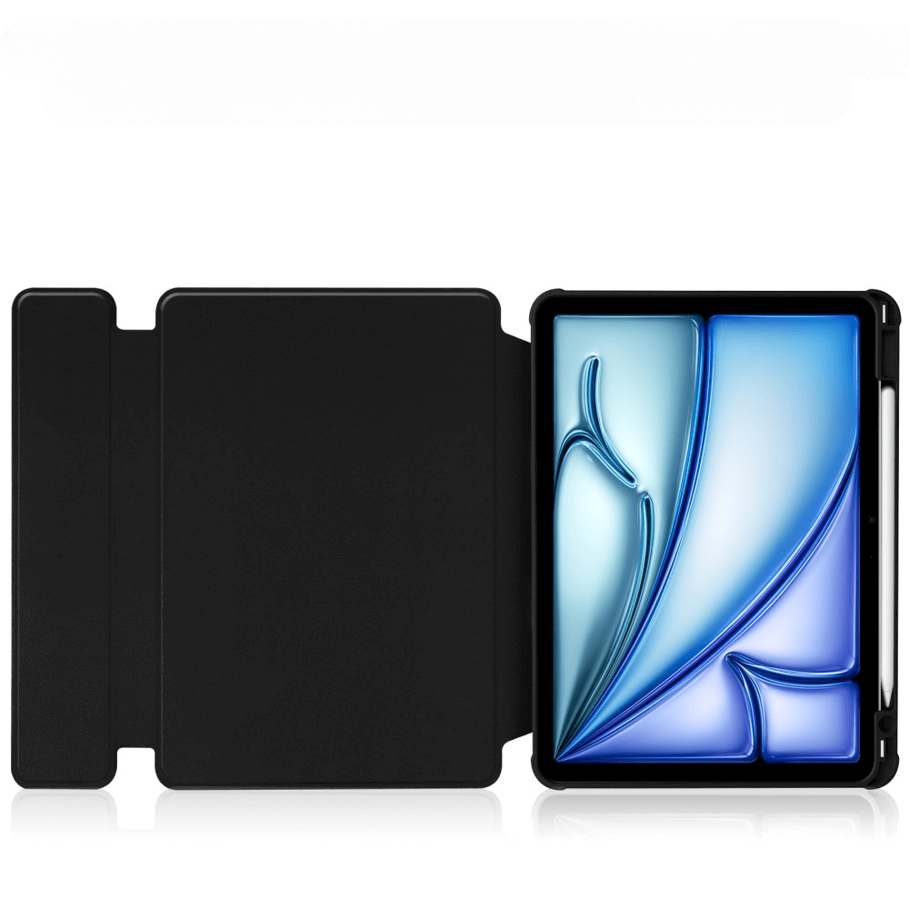 Une tablette noire avec un étui ouvert, affichant un écran stylisé bleu et blanc.