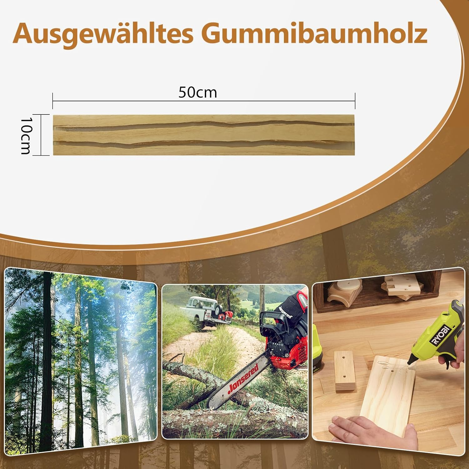 Holzstück (50x10cm), Wald, Kettensäge, Geländewagen, Klebepistole