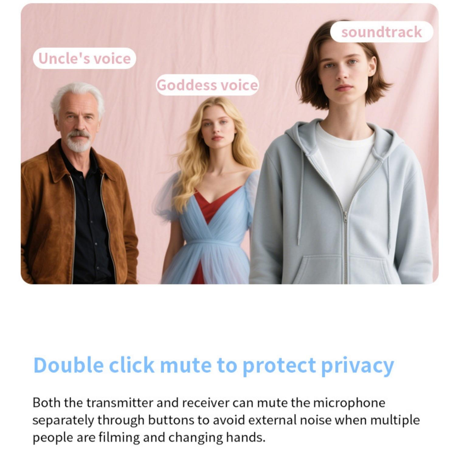 Drei Personen: älterer Mann, Frau in blauem Kleid, Person in Hoodie.