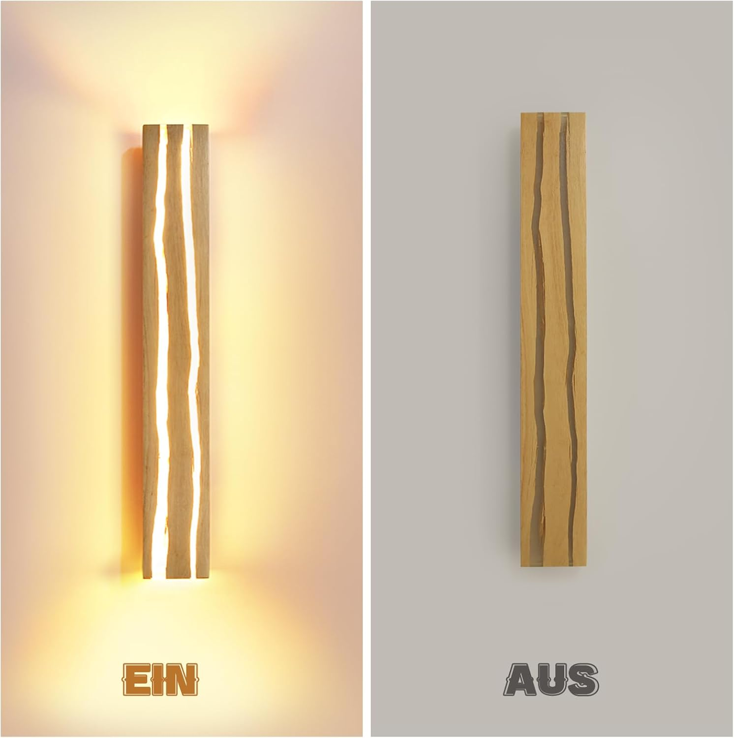 Holzlampe an der Wand, leuchtend und ausgeschaltet.