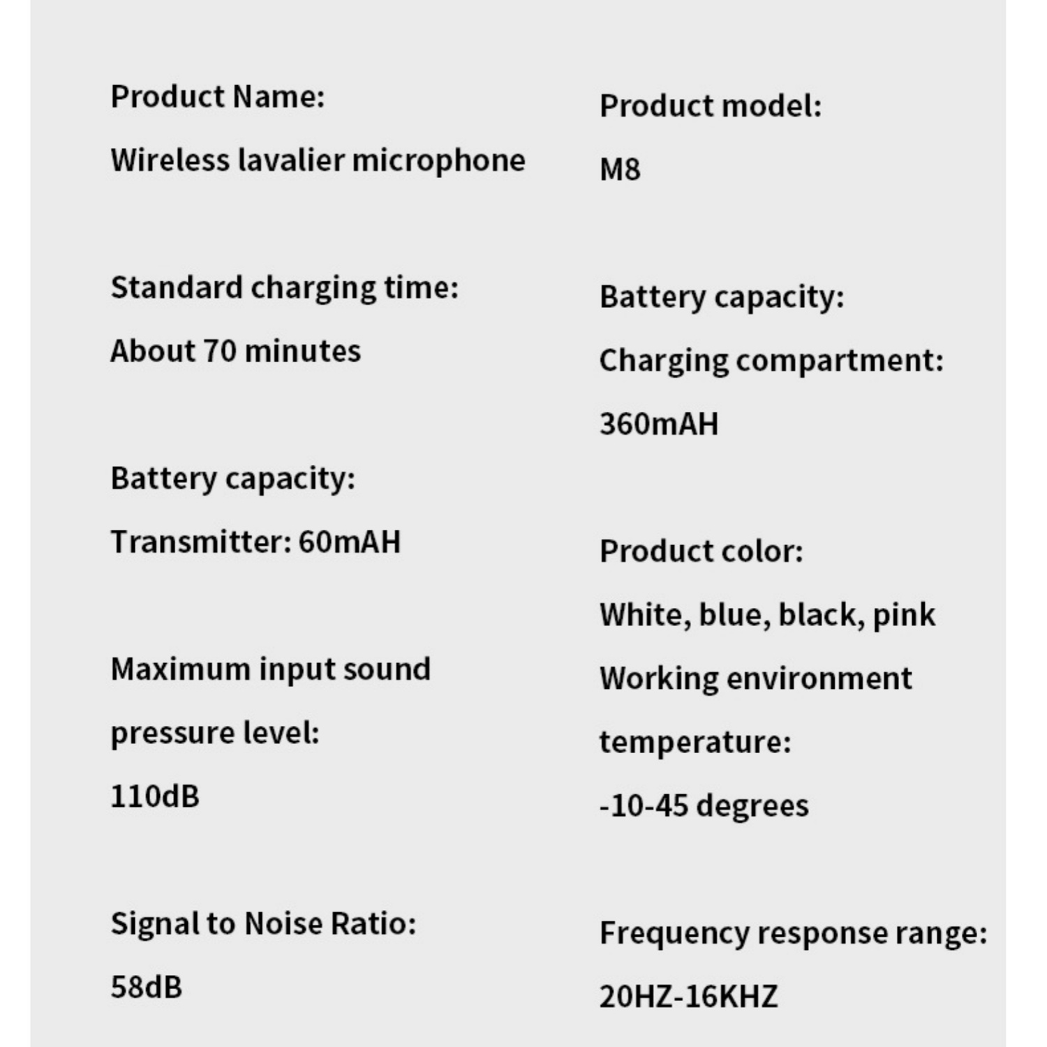 Produktspezifikationen: Kabelloses Lavalier-Mikrofon, Modell M8, 70 Min. Ladezeit, 360mAh Ladecase, 60mAh Sender.
