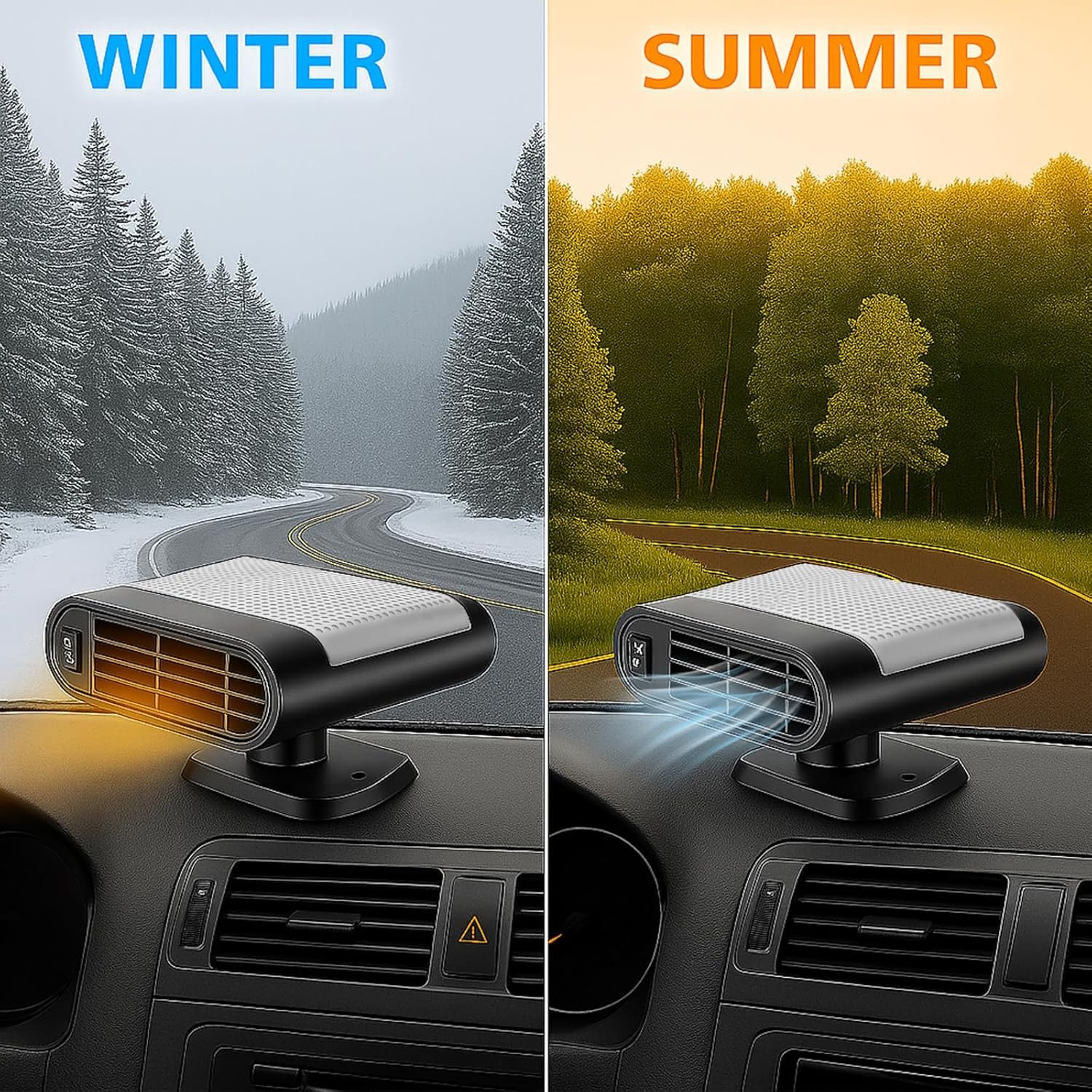 Ein Auto-Lufterfrischer heizt im Winter und kühlt im Sommer auf einer windigen Straße.