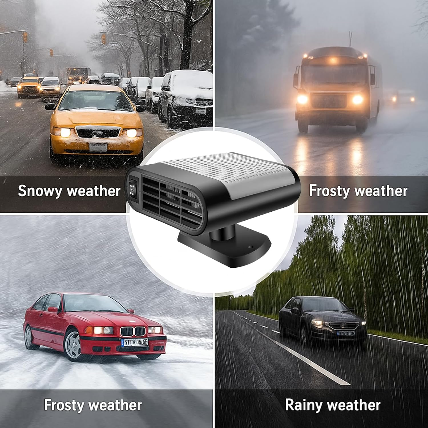 Ein Autoheizgerät in vier Wetterszenarien: Schnee, Frost und Regen.