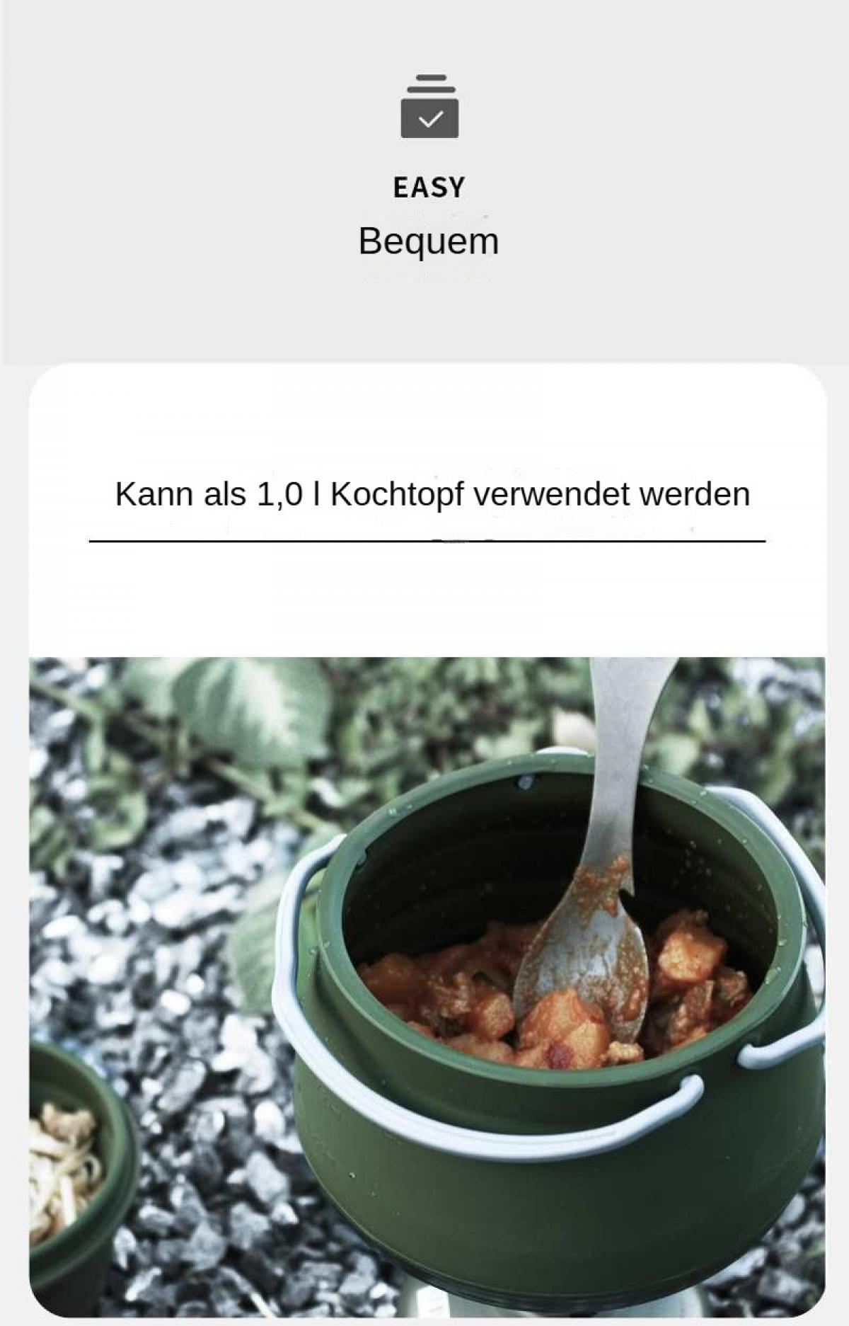 Ein grüner Topf mit Essen und einem Löffel darin, draußen auf Kies.