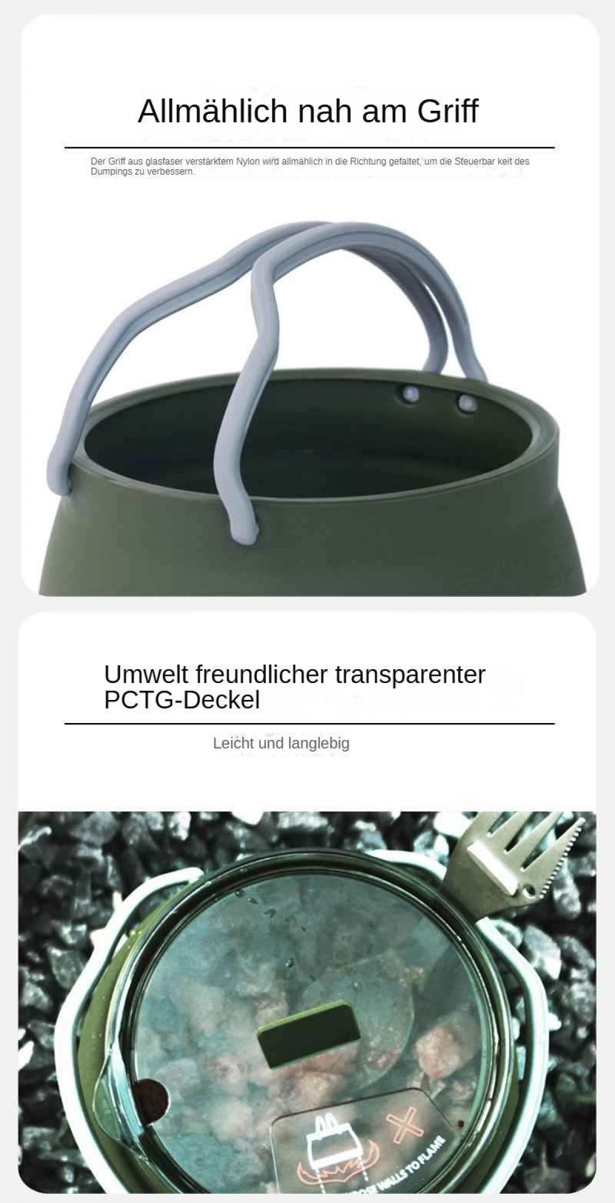 Grüner Behälter mit grauem Griff und transparentem Deckel mit Essbesteck.