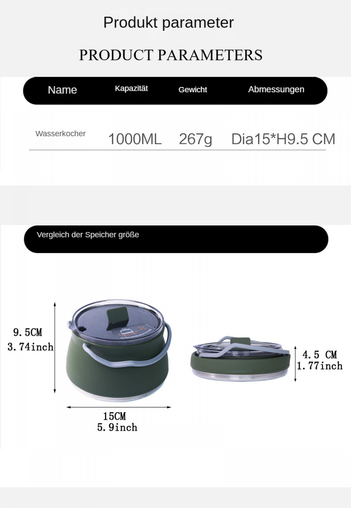 Produktparameter für einen grünen Wasserkocher mit Maßen von 15x9,5 cm und 1000 ml Kapazität.