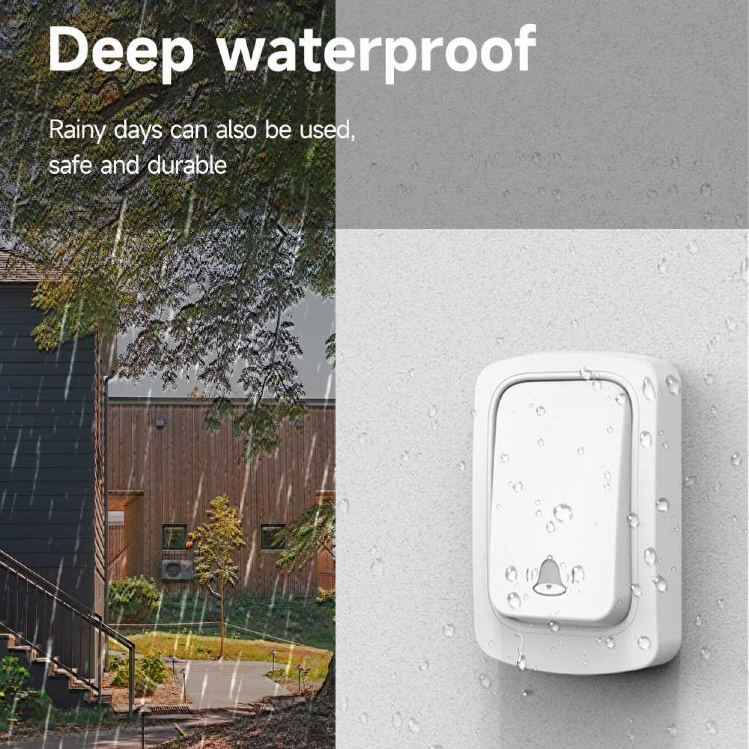 Eine weiße Türklingel mit Glockensymbol an einer Wand mit Wassertropfen. Text 'Deep waterproof'.