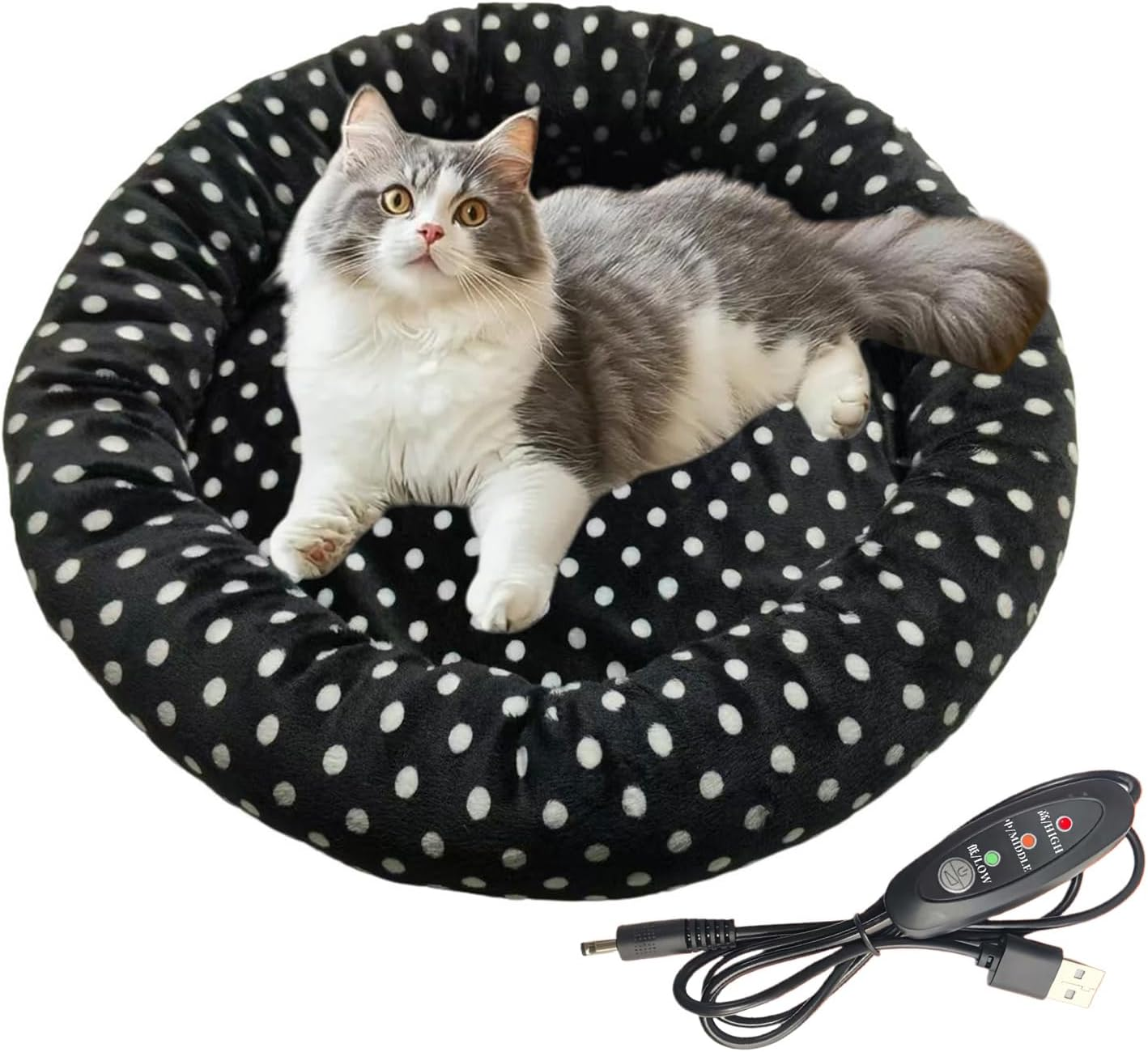 Eine Katze mit grauem und weißem Fell liegt in einem runden, schwarz-weißen gepunkteten Bett.