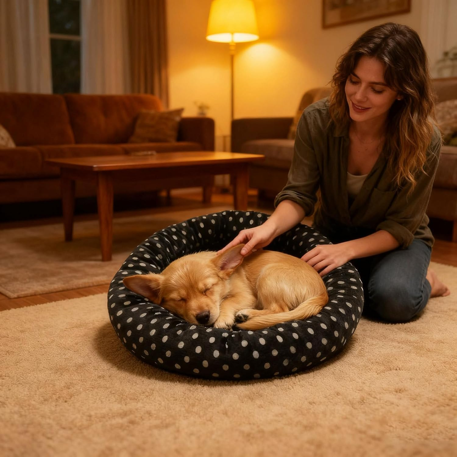 Ein Hund schläft in einem Bett, während eine Frau ihn streichelt.