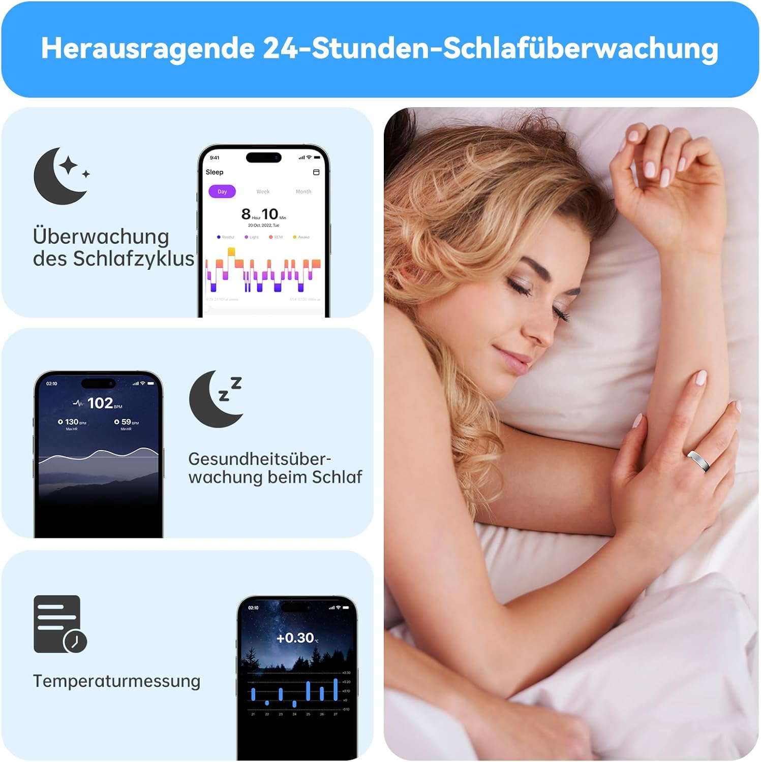 Frau schläft, während das Handy Schlaf-, Herzfrequenz- und Temperaturdaten anzeigt.