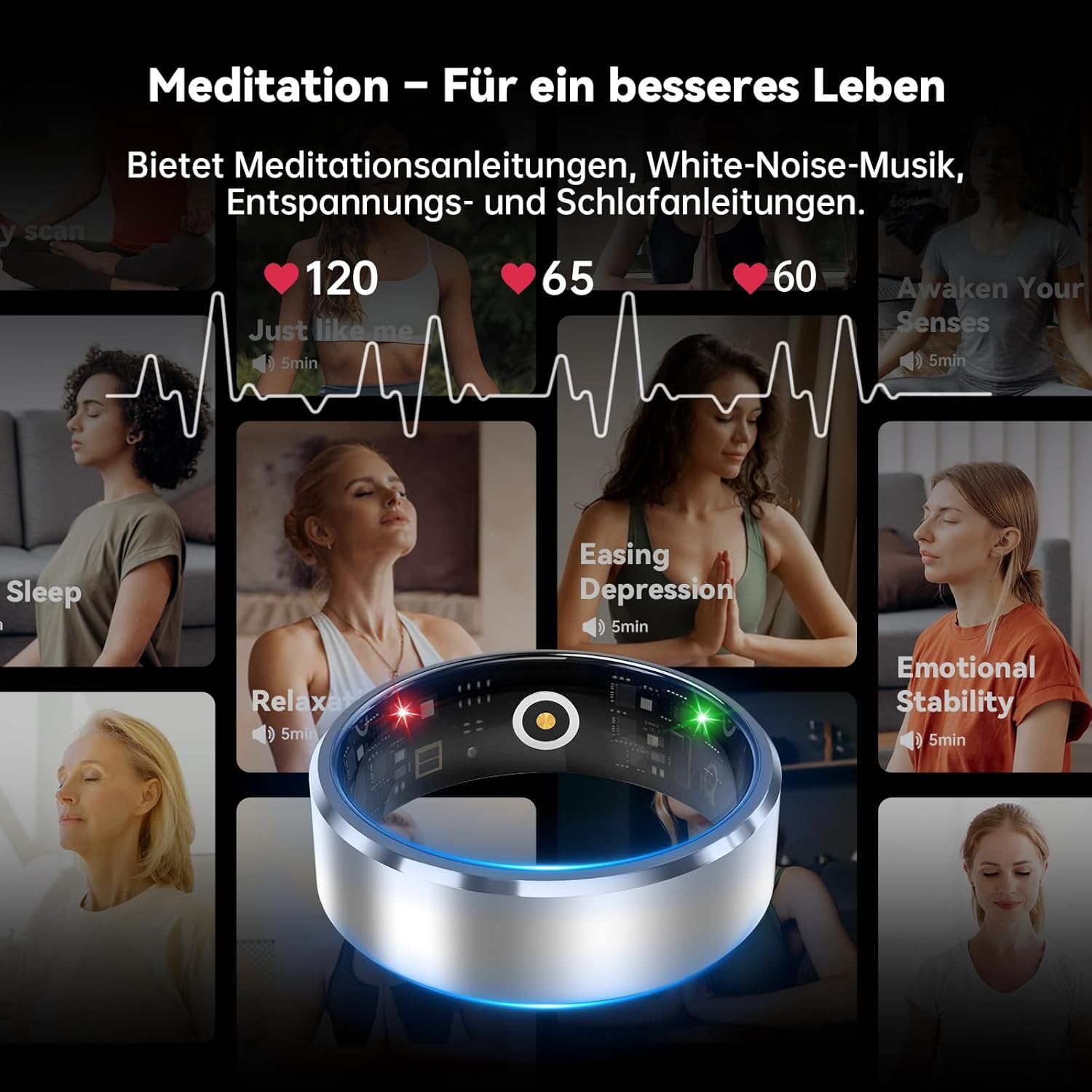 Collage mit Meditations- und Entspannungsthemen, mit Ring.