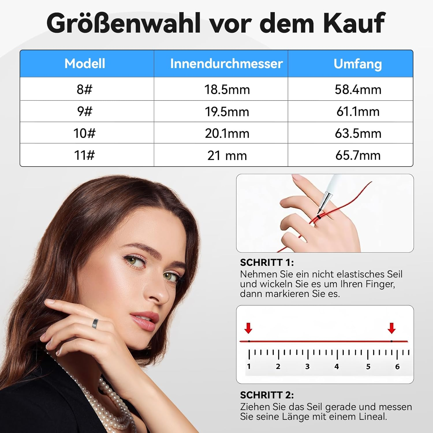 Größentabelle für Ringe mit Messanleitung und einer Frau, die einen Ring trägt.