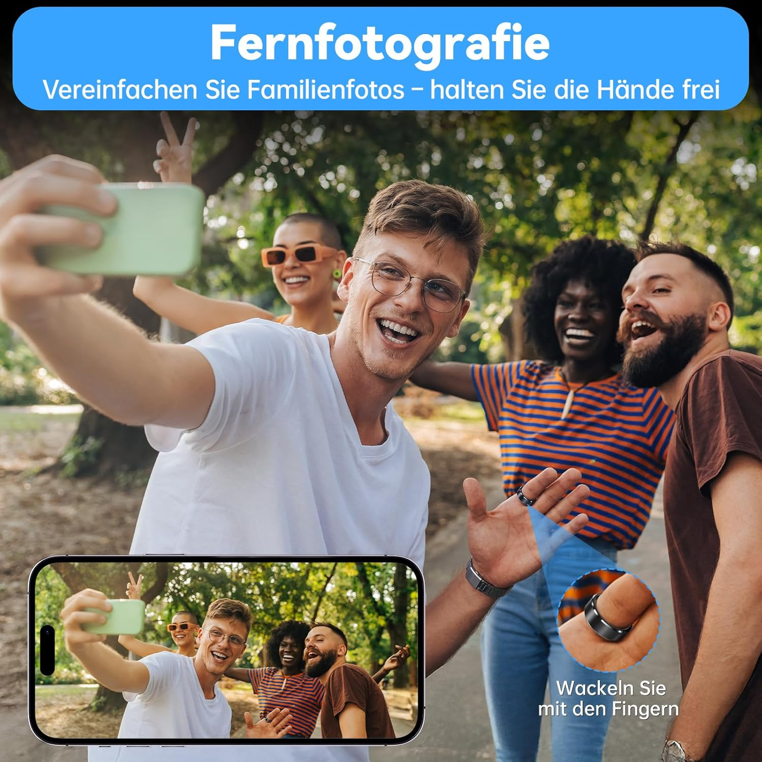 Gruppe lacht und macht Selfie mit Handy, Fingerring-Auslöser gezeigt.