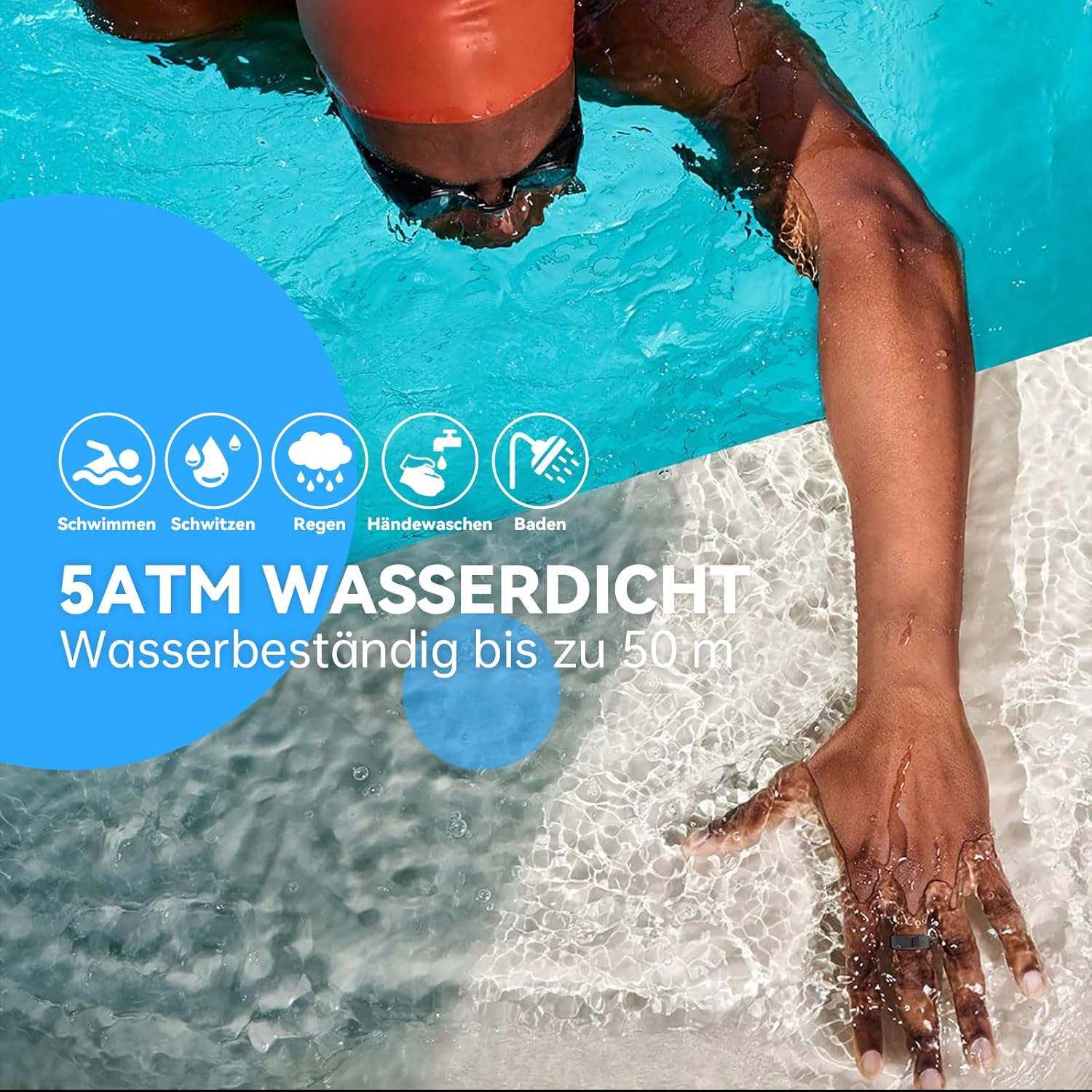 Schwimmer in orange Badekappe in blauem Pool, wasserdichte Symbole, Text 5ATM WASSERDICHT