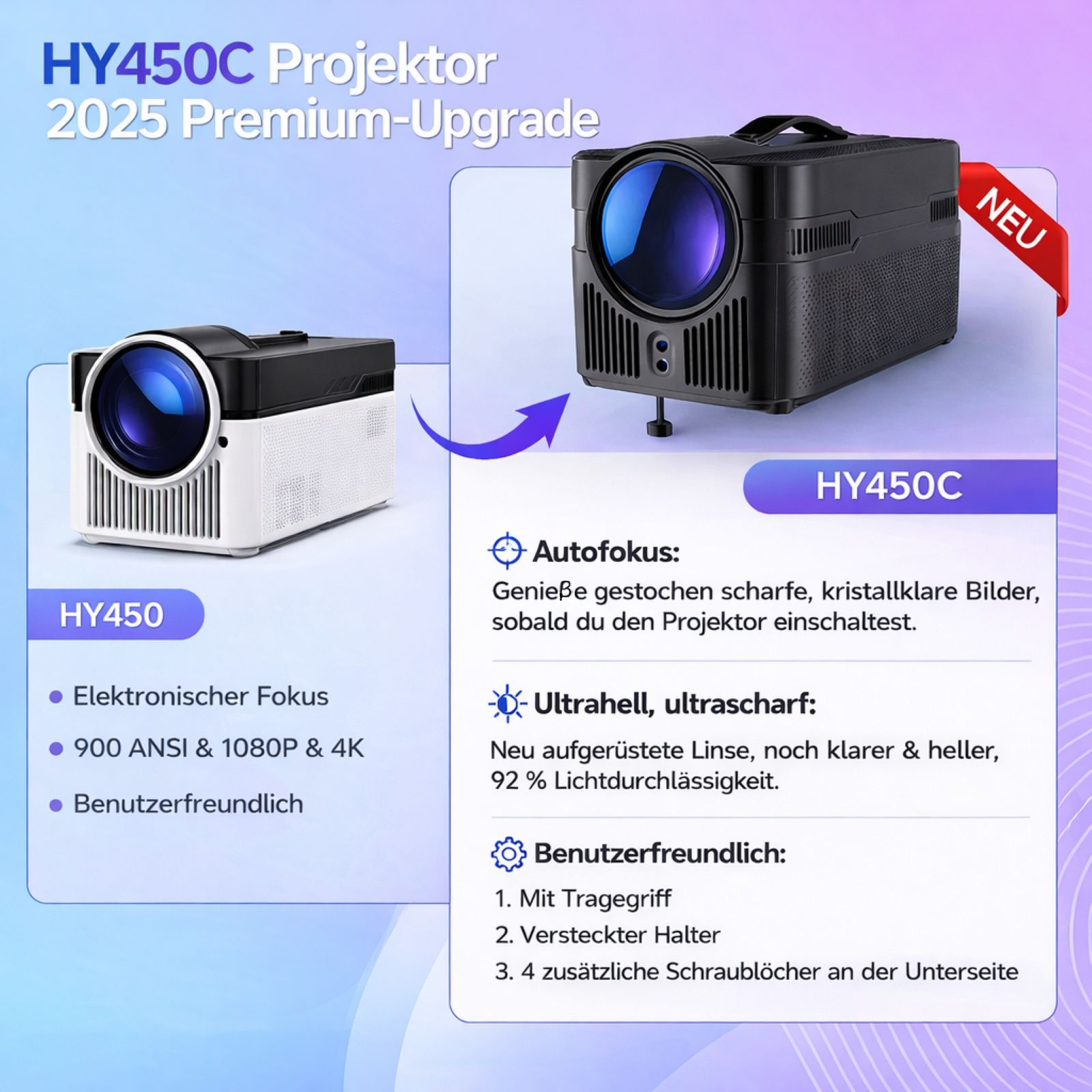 Projektor HY450C: Autofokus, ultrascharf, benutzerfreundlich mit 900 ANSI & 4K.