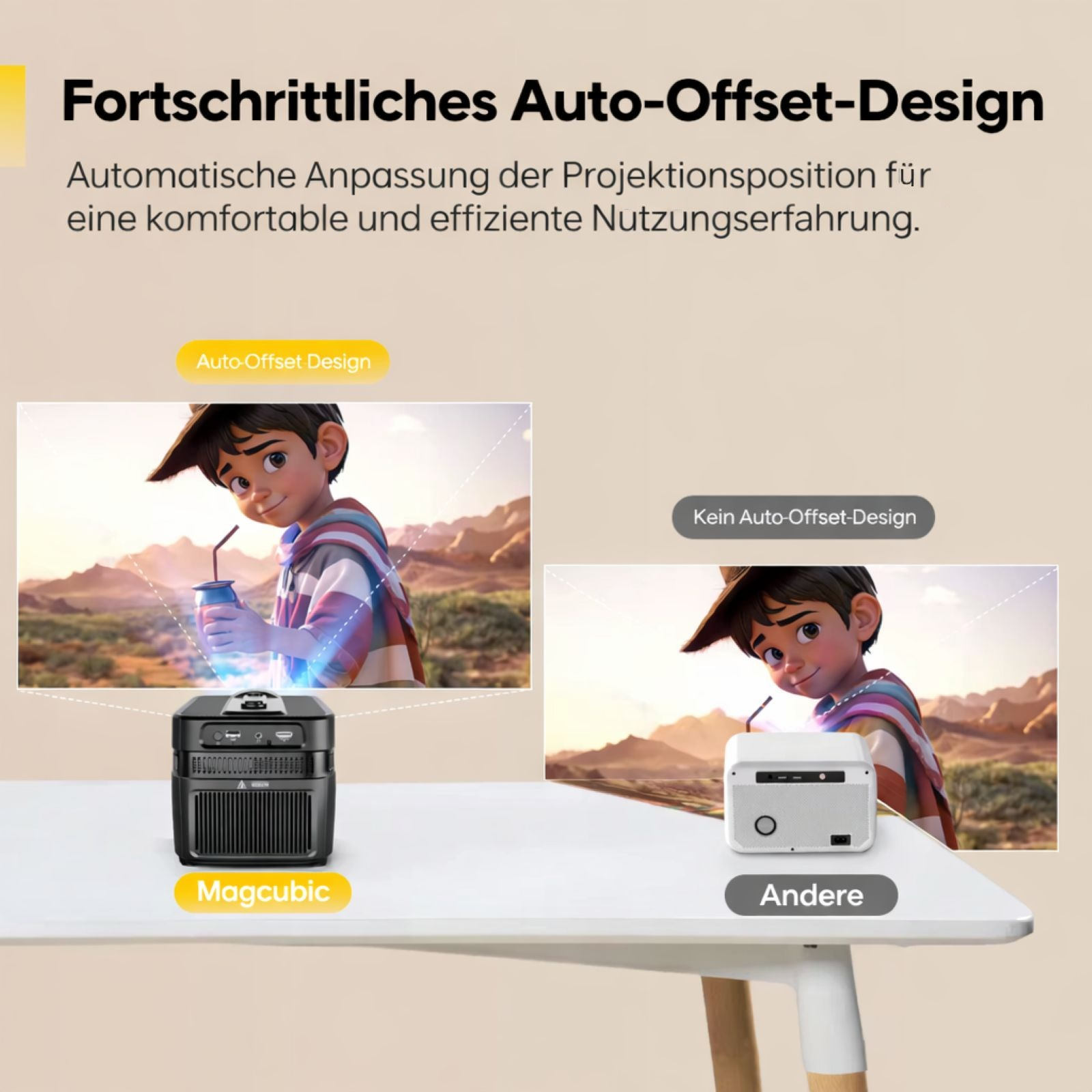 Projektor mit Auto-Offset-Design projiziert Bild eines Jungen mit Getränk.