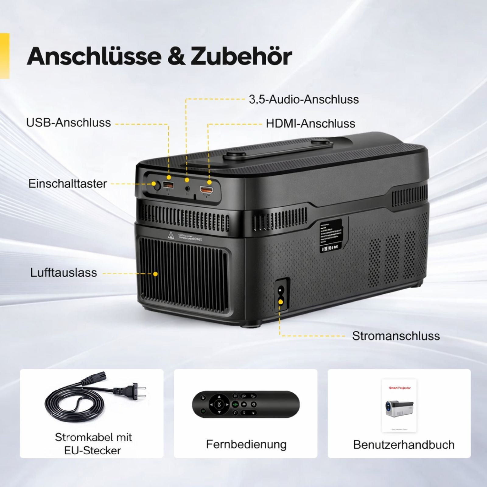 Ein schwarzer Projektor mit Anschlüssen und Zubehör, inkl. Kabel, Fernbedienung.